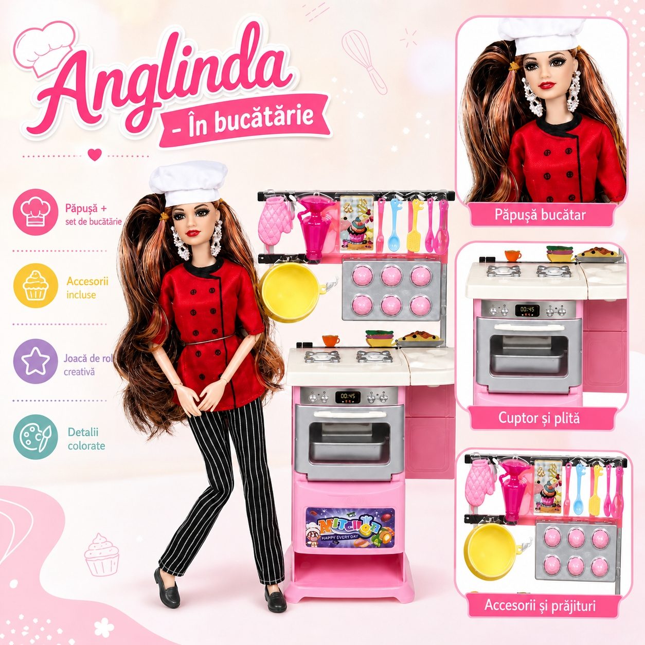Papusa Anglinda in Bucatarie pentru Copii, Set Jucarie cu Papusa Bucatareasa, Aragaz si Accesorii de Gatit, Joc de Rol Interactiv pentru Joaca si Distractie, Cadou pentru Fetite si Copii 3+ Ani, Multicolor 2