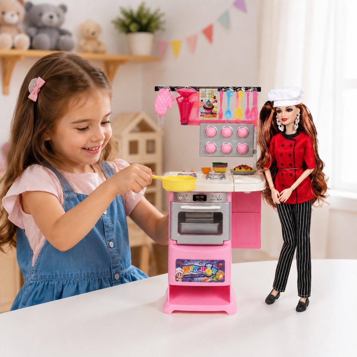 Papusa Anglinda in Bucatarie pentru Copii, Set Jucarie cu Papusa Bucatareasa, Aragaz si Accesorii de Gatit, Joc de Rol Interactiv pentru Joaca si Distractie, Cadou pentru Fetite si Copii 3+ Ani, Multicolor 4