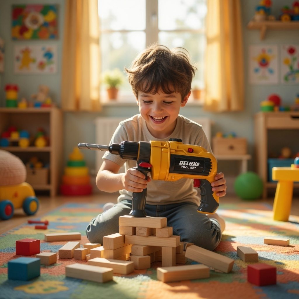 Bormasina Electrica De Jucarie Pentru Copii Cu Accesorii Schimbabile, Masina De Gaurit Interactiva Cu Functie De Rotire Si Efect Realist, Jucarie Tip Scule Pentru Constructii Si Joc De Rol Copii 3+ Ani, Galben 4