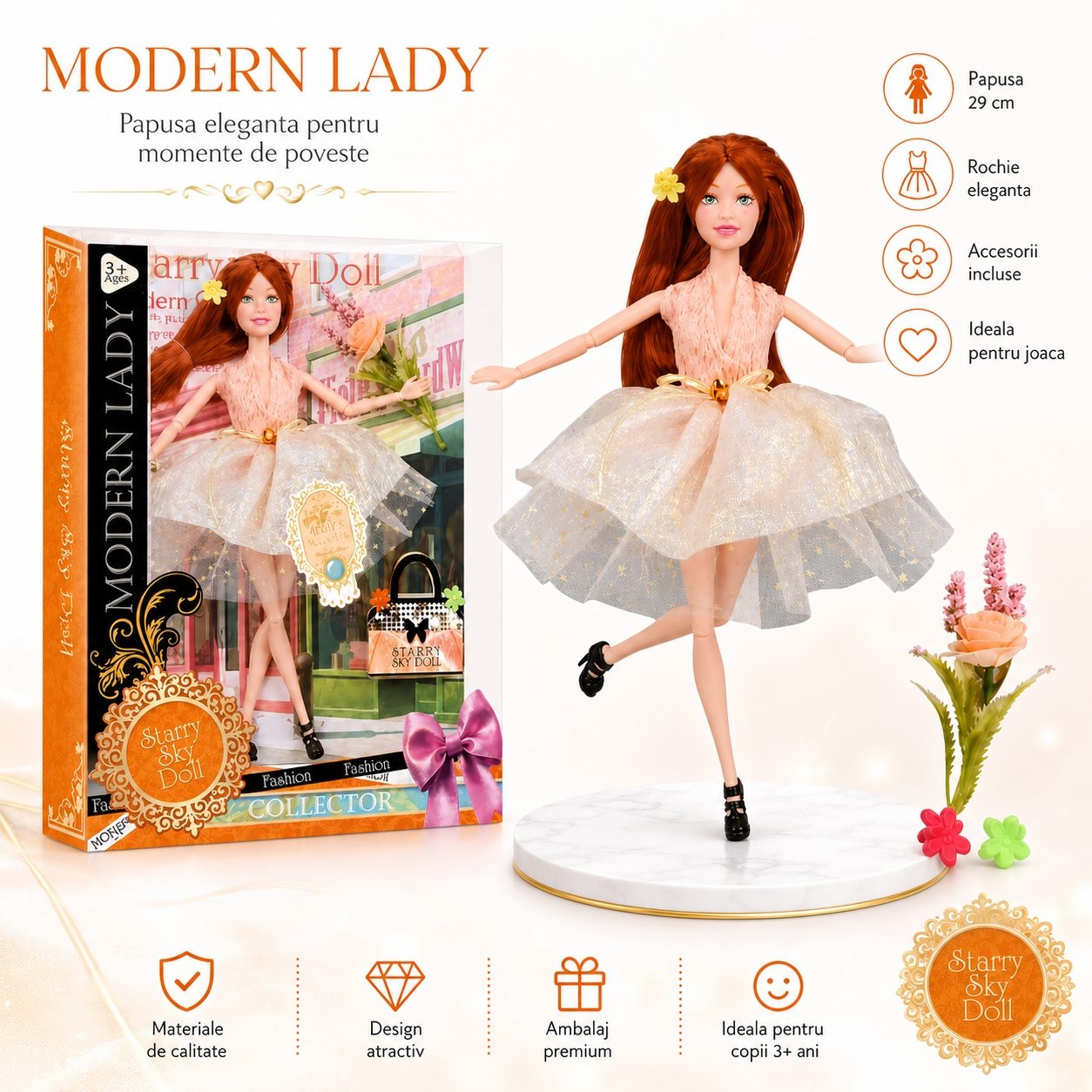 Papusa Modern Lady 29 cm pentru Copii, Papusa Fashion Eleganta cu Rochie Stralucitoare si Accesorii, Jucarie pentru Fete cu Par Lung pentru Coafat si Styling, Papusa de Colectie pentru Joaca si Cadou 3+ Ani, Multicolor 2