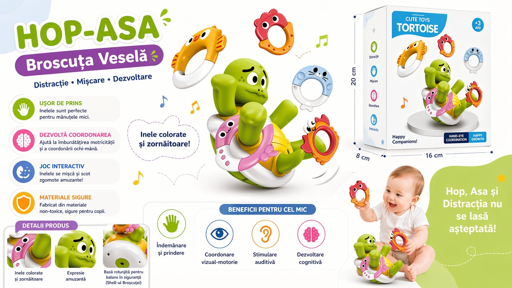 Jucarie Broscuta Hop-Asa Cu Inele Pentru Bebelusi, Jucarie Interactiva Cu Zornaitoare Si Elemente De Prindere, Jucarie Educativa Cu Forme Colorate, Animalut Amuzant Pentru Copii 3+ Luni, Verde 5