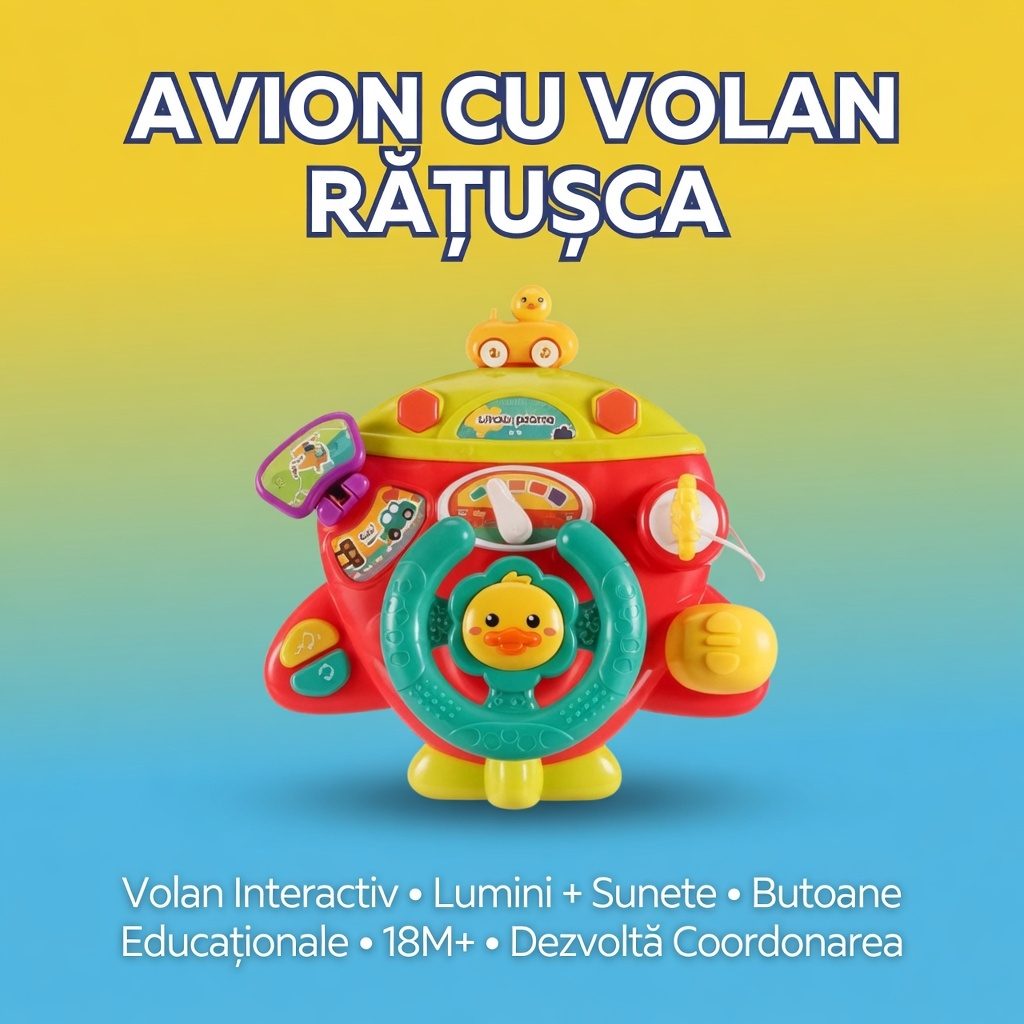 Volan Interactiv Pentru Copii Cu Lumini Si Sunete, Jucarie Educativa Tip Avion Cu Butoane Si Activitati, Volan De Joaca Cu Efecte Audio Si Elemente Rotative, Jucarie Senzoriala Pentru Dezvoltare Copii 18+ Luni, Multicolor 3