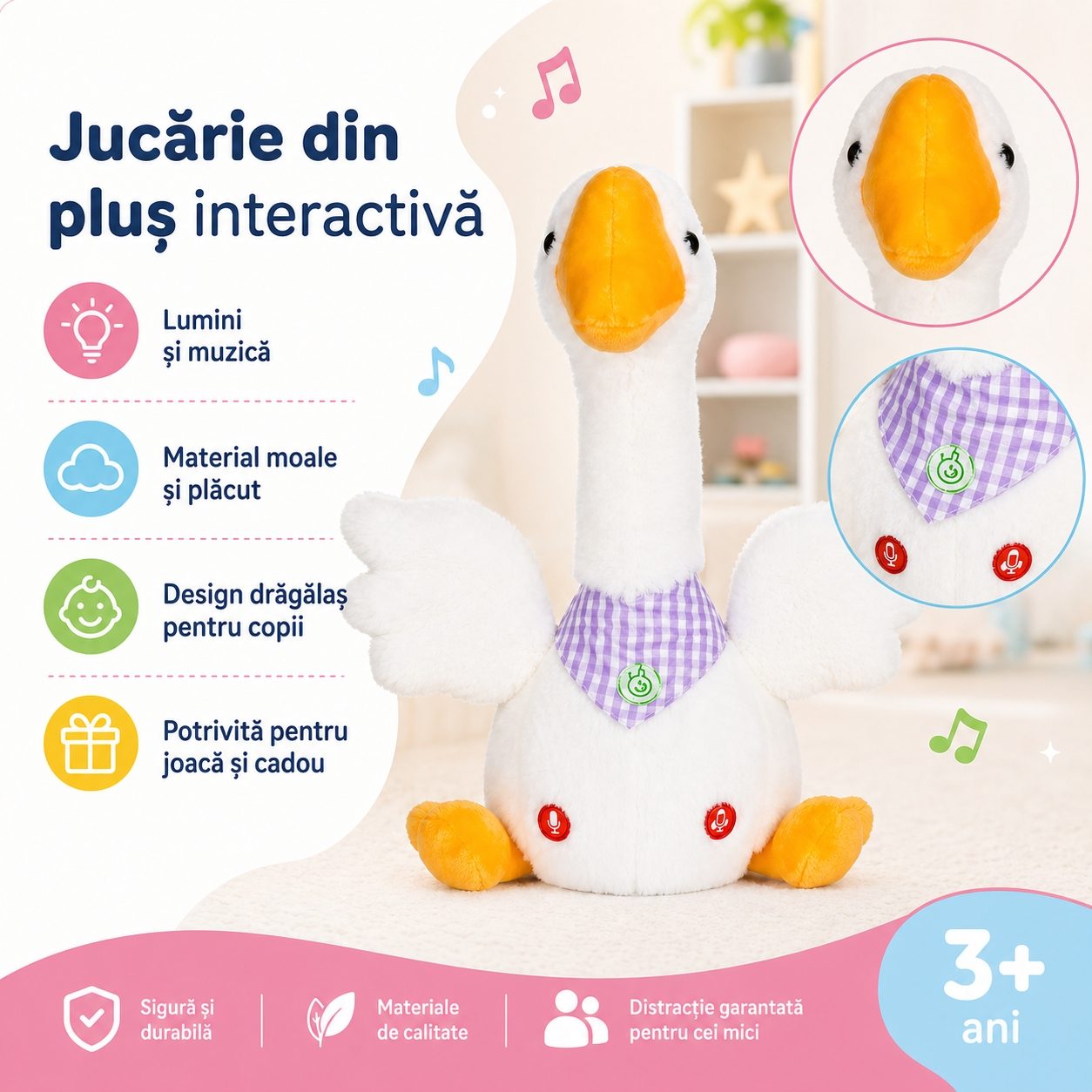 Gasca Plus Dansatoare Interactiva Pentru Copii Cu Functie Inregistrare Voce, Jucarie Muzicala Cu Lumini Si Miscare, Plush Electric Care Repeta Si Danseaza, Jucarie Educativa Si Amuzanta Cu Incarcare USB Copii 3+ Ani, Alb 3