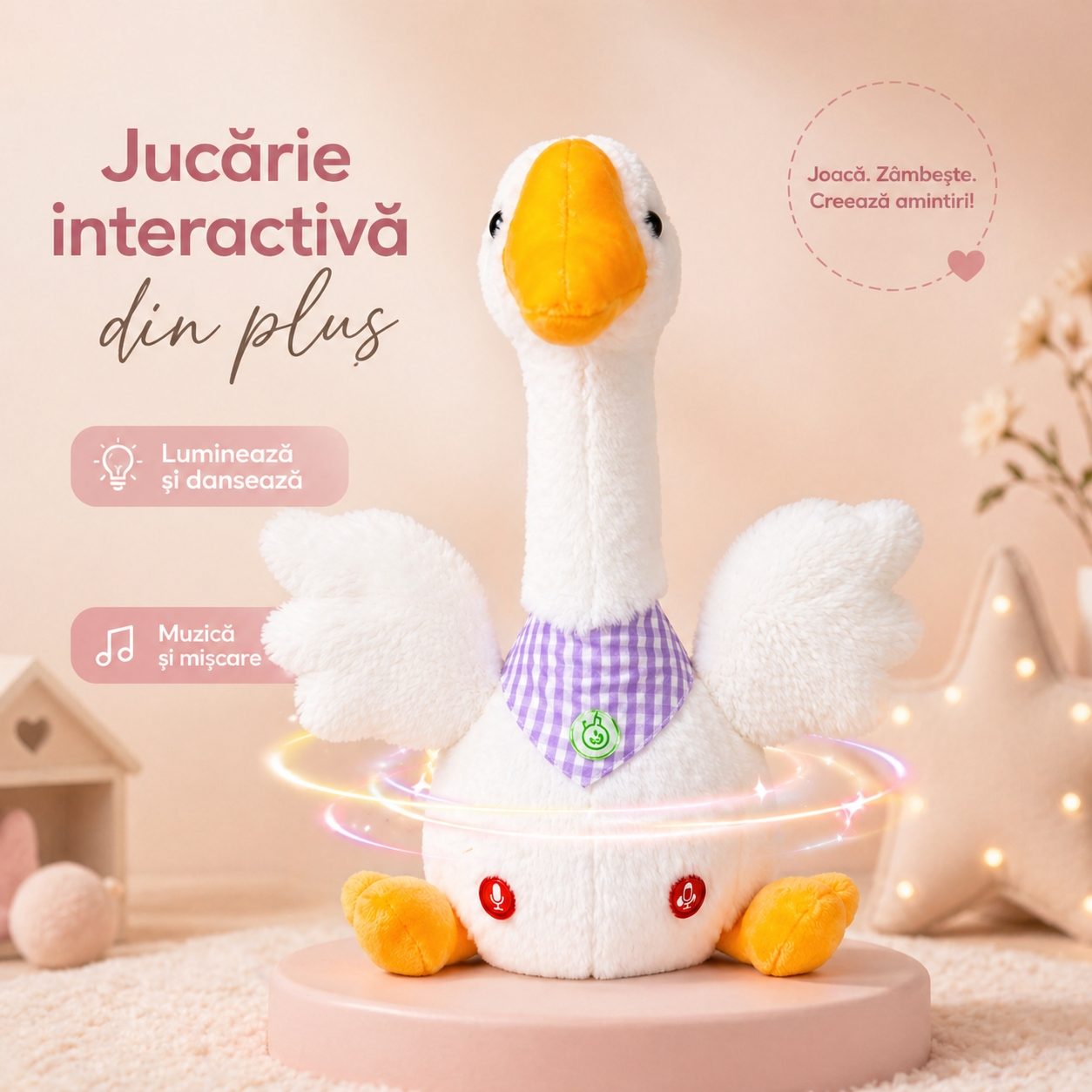 Gasca Plus Dansatoare Interactiva Pentru Copii Cu Functie Inregistrare Voce, Jucarie Muzicala Cu Lumini Si Miscare, Plush Electric Care Repeta Si Danseaza, Jucarie Educativa Si Amuzanta Cu Incarcare USB Copii 3+ Ani, Alb 4
