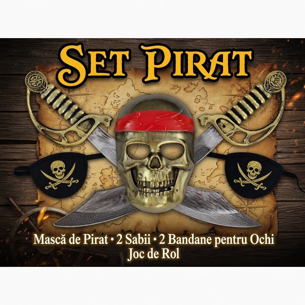 Set Pirati Cu Masca Pirat, 2 Sabii Si 2 Bandane Ochi, Jucarie Tematica Aventuri Cu Accesorii Complete, Set Deghizare Pirat Pentru Jocuri De Rol Si Distractie, Jucarie Interactiva Pentru Copii 3+ Ani, Multicolor 2