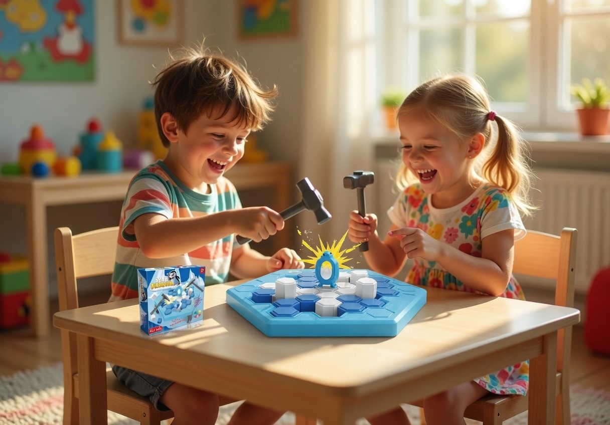Joc Sparge Gheata cu Pinguin pentru Copii, Joc de Societate Interactiv cu Ciocanel, Sloiuri de Gheata si Ruleta cu Sageata, Jucarie Educativa pentru Familie, Dezvoltare Indemanare si Concentrare, Copii 3+ Ani, Albastru 4