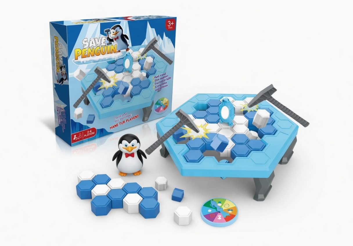 Joc Sparge Gheata cu Pinguin pentru Copii, Joc de Societate Interactiv cu Ciocanel, Sloiuri de Gheata si Ruleta cu Sageata, Jucarie Educativa pentru Familie, Dezvoltare Indemanare si Concentrare, Copii 3+ Ani, Albastru 5