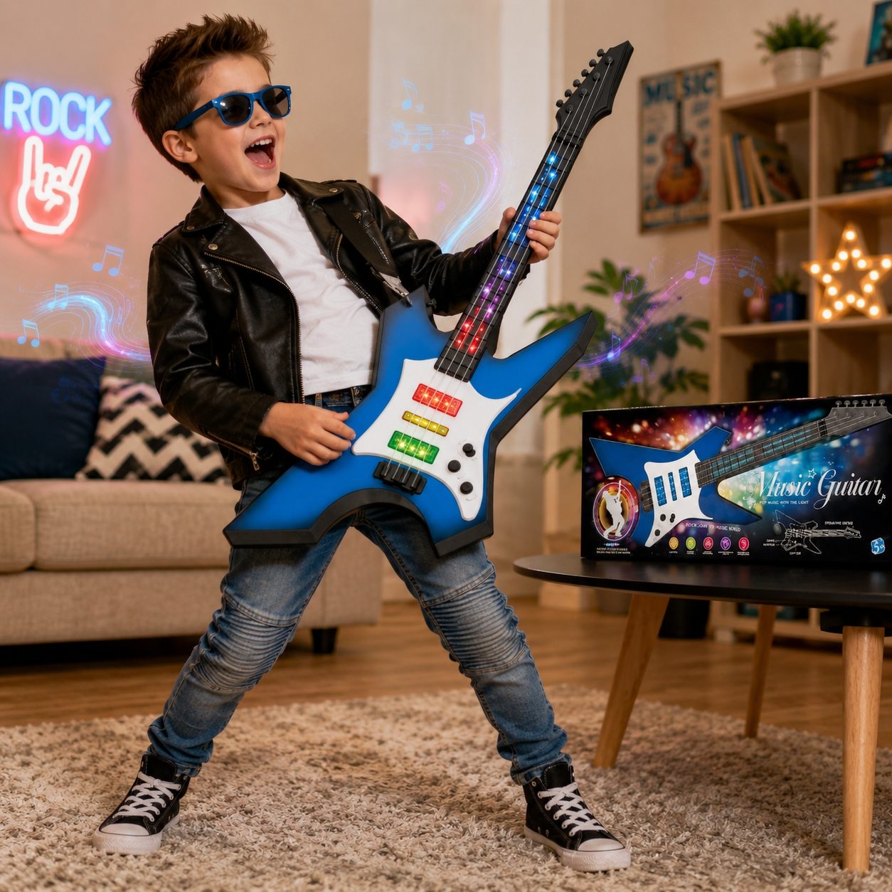 Chitara Muzicala Electrica pentru Copii cu Lumini si Sunete, Instrument Muzical Interactiv cu Efecte Luminoase si Design Modern, Jucarie Muzicala pentru Baieti si Fete, Cadou Distractiv pentru Copii 3+ Ani, Albastru 2