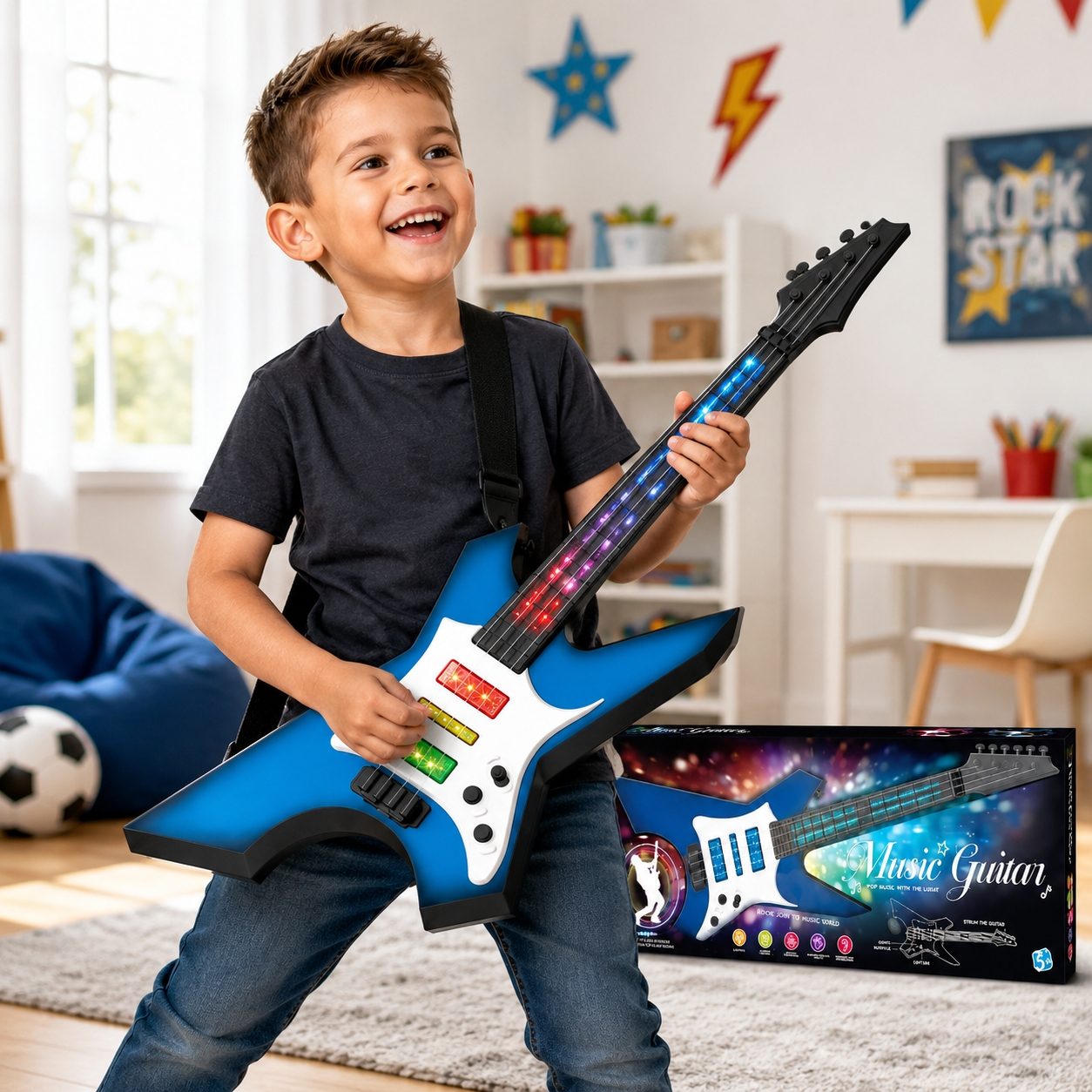 Chitara Muzicala Electrica pentru Copii cu Lumini si Sunete, Instrument Muzical Interactiv cu Efecte Luminoase si Design Modern, Jucarie Muzicala pentru Baieti si Fete, Cadou Distractiv pentru Copii 3+ Ani, Albastru 3