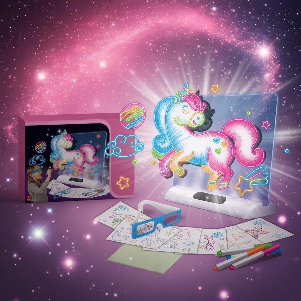Tabla De Desen Cu Lumini 3D Unicorn Pentru Copii, Set Creativ Cu Ochelari Si Sabloane Pentru Desen Luminos, Jucarie Interactiva Cu Efect Neon Pentru Dezvoltare Creativitate Si Imaginatie Copii 3+ Ani, Roz 3