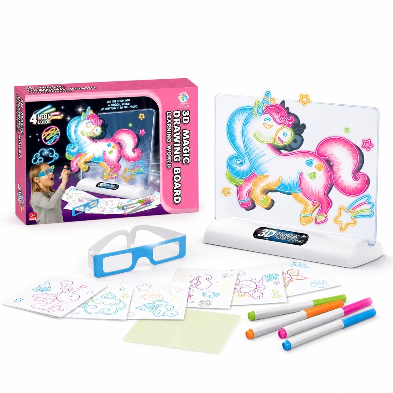 Tabla De Desen Cu Lumini 3D Unicorn Pentru Copii, Set Creativ Cu Ochelari Si Sabloane Pentru Desen Luminos, Jucarie Interactiva Cu Efect Neon Pentru Dezvoltare Creativitate Si Imaginatie Copii 3+ Ani, Roz 1