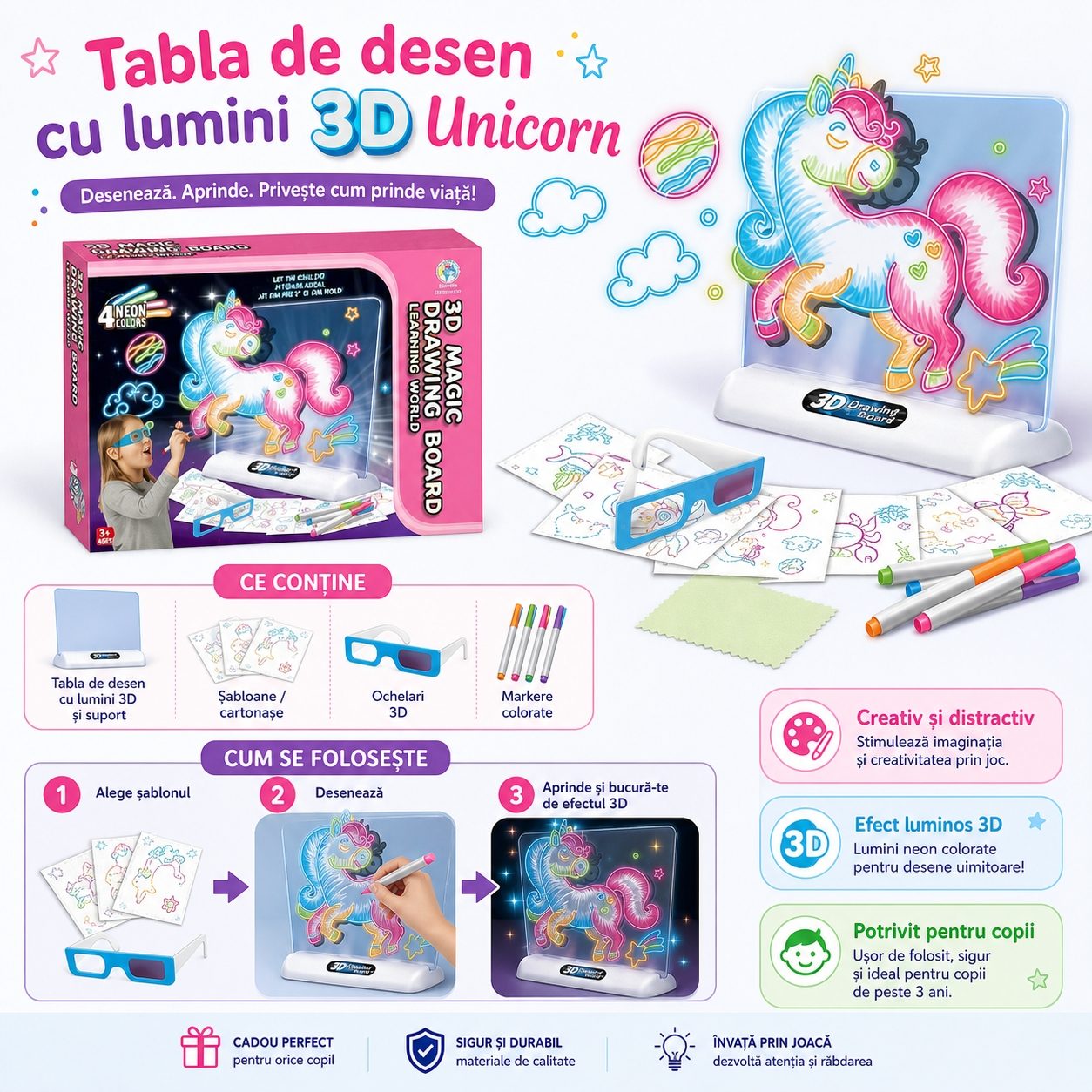 Tabla De Desen Cu Lumini 3D Unicorn Pentru Copii, Set Creativ Cu Ochelari Si Sabloane Pentru Desen Luminos, Jucarie Interactiva Cu Efect Neon Pentru Dezvoltare Creativitate Si Imaginatie Copii 3+ Ani, Roz 2