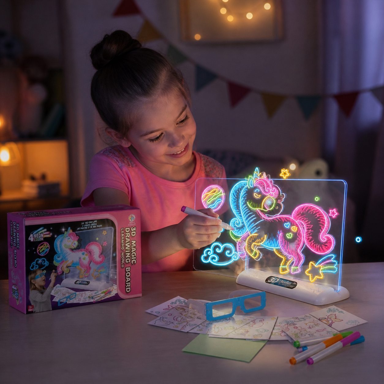 Tabla De Desen Cu Lumini 3D Unicorn Pentru Copii, Set Creativ Cu Ochelari Si Sabloane Pentru Desen Luminos, Jucarie Interactiva Cu Efect Neon Pentru Dezvoltare Creativitate Si Imaginatie Copii 3+ Ani, Roz 5