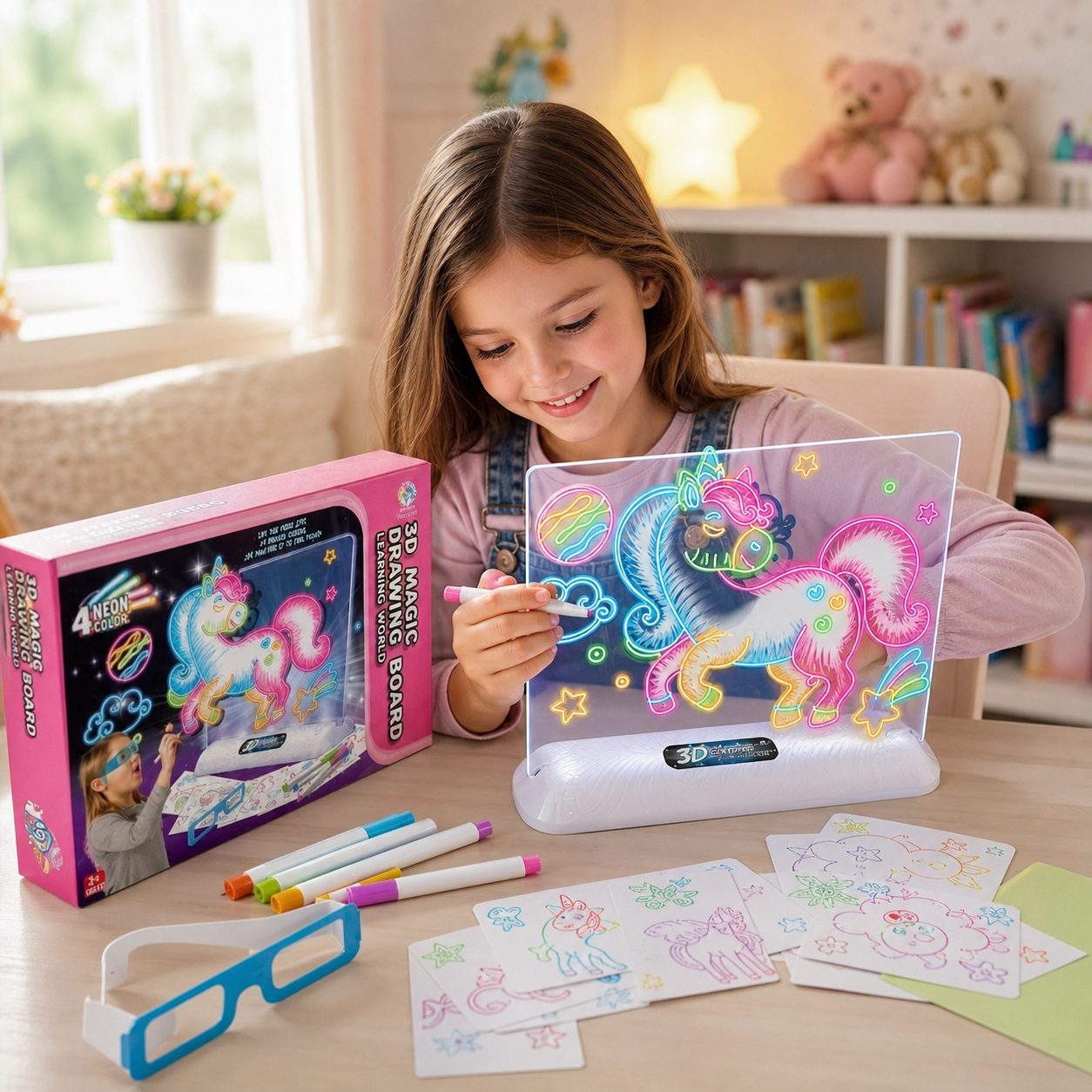 Tabla De Desen Cu Lumini 3D Unicorn Pentru Copii, Set Creativ Cu Ochelari Si Sabloane Pentru Desen Luminos, Jucarie Interactiva Cu Efect Neon Pentru Dezvoltare Creativitate Si Imaginatie Copii 3+ Ani, Roz 4