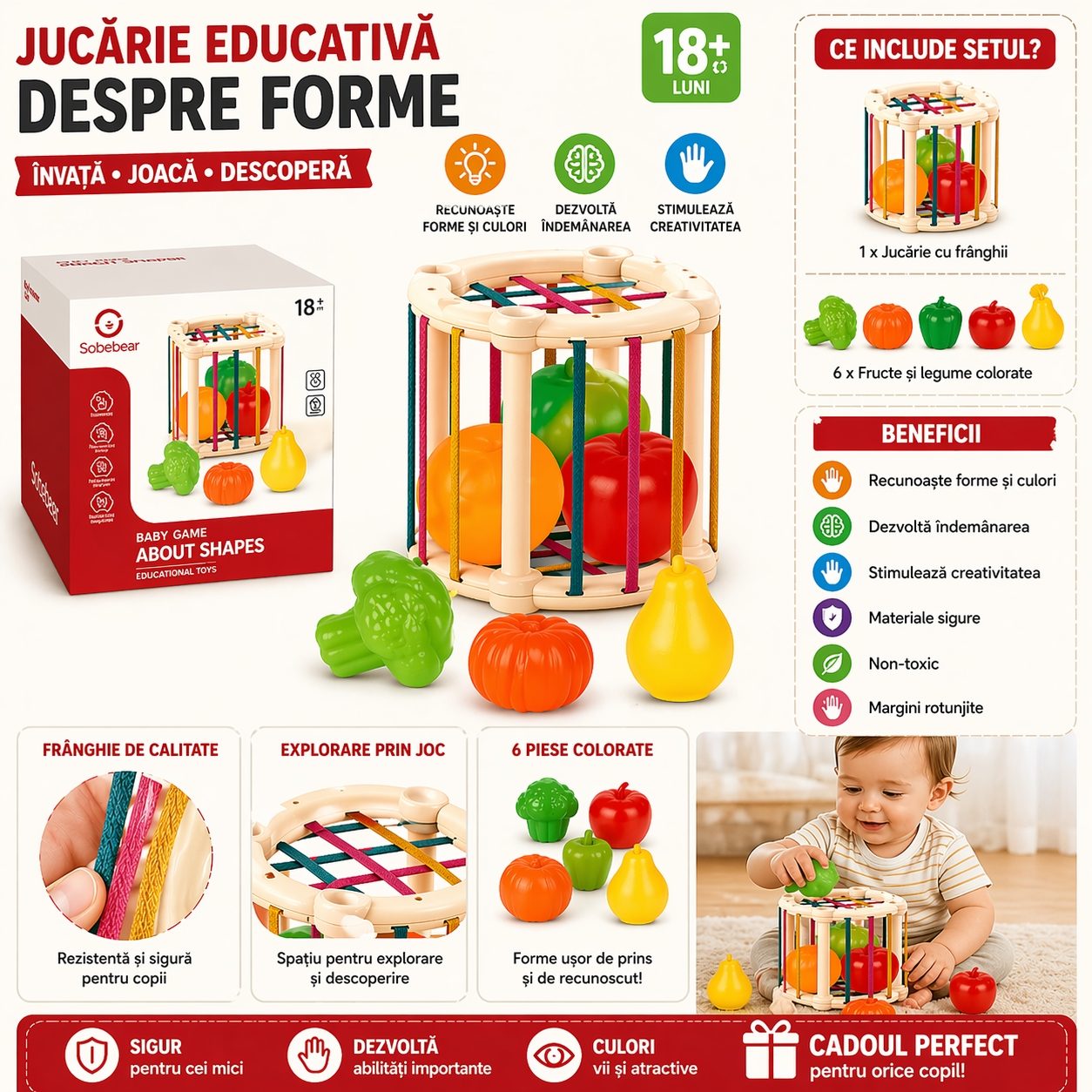 Jucarie Sortator Forme Cu Fructe Si Legume Pentru Copii, Cub Interactiv Cu Benzi Elastice Si Piese Colorate, Jucarie Sensoriala Educativa Cu Activitati, Jucarie Pentru Copii 18+ Luni, Multicolor 2