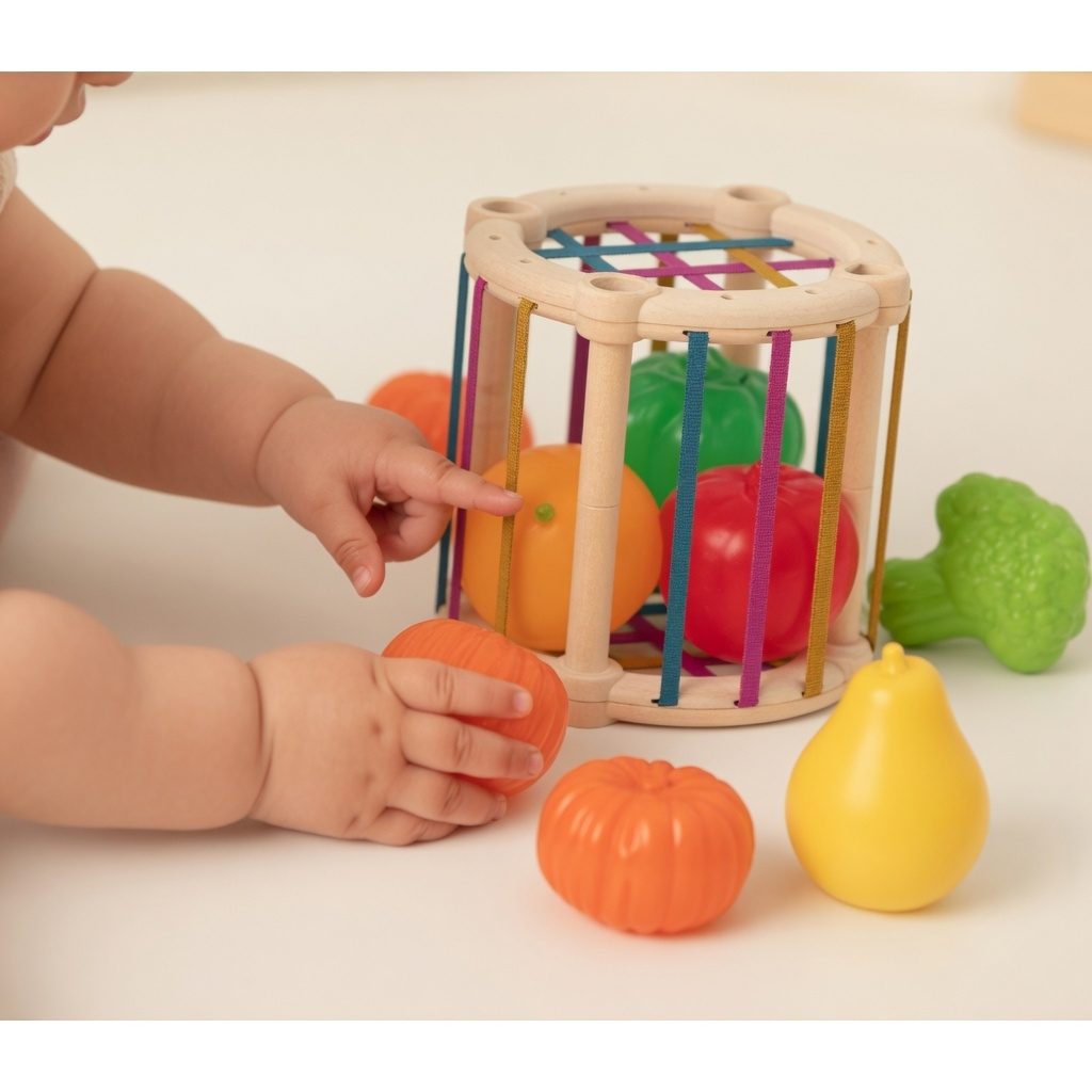 Jucarie Sortator Forme Cu Fructe Si Legume Pentru Copii, Cub Interactiv Cu Benzi Elastice Si Piese Colorate, Jucarie Sensoriala Educativa Cu Activitati, Jucarie Pentru Copii 18+ Luni, Multicolor 4