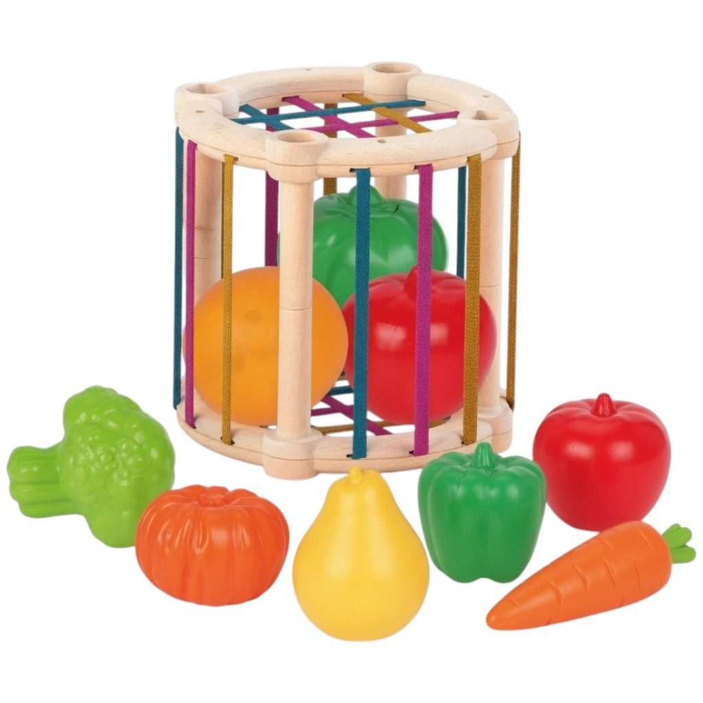 Jucarie Sortator Forme Cu Fructe Si Legume Pentru Copii, Cub Interactiv Cu Benzi Elastice Si Piese Colorate, Jucarie Sensoriala Educativa Cu Activitati, Jucarie Pentru Copii 18+ Luni, Multicolor 1