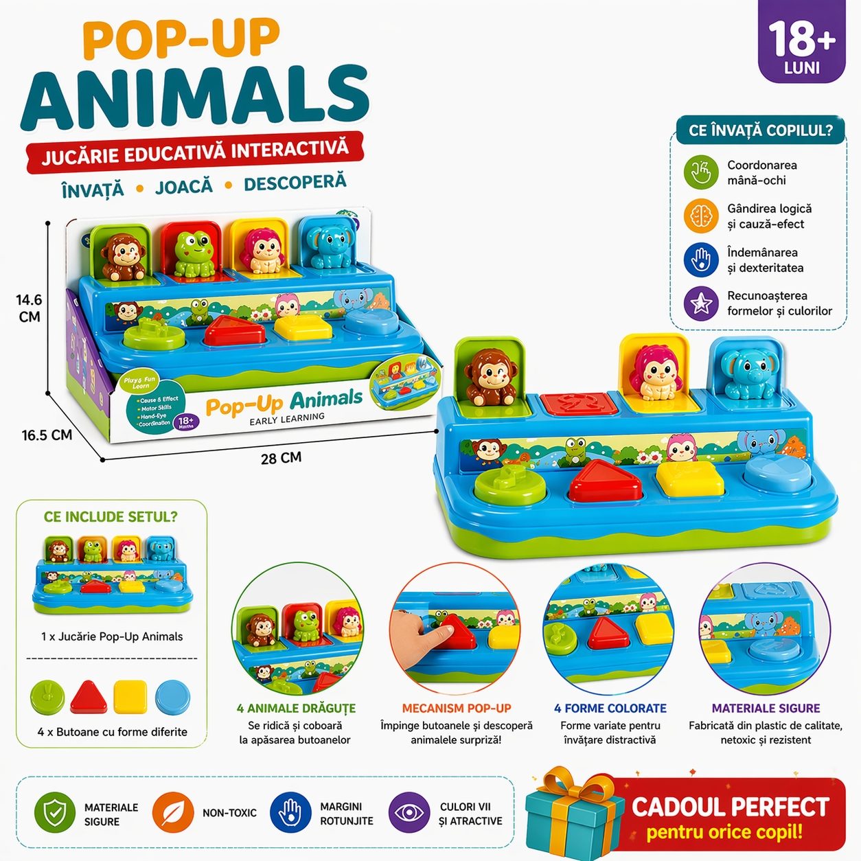 Jucarie Interactiva Pop Up Cu Animale, Jucarie Cu Butoane Si Animalute Saritoare, Jucarie Educativa Cu Forme Si Culori, Jucarie Activitati Cu Lumini Si Sunete Pentru Copii 18+ Luni, Multicolor 5