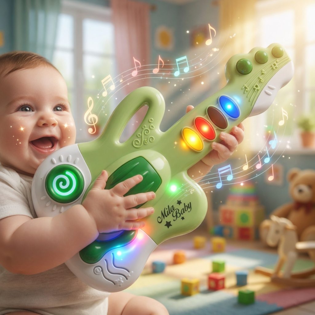 Chitara Muzicala Interactiva Pentru Copii Cu Butoane Si Sunete, Jucarie Tip Guitar Cu Lumini Si Melodii, Instrument Muzical De Joaca Cu Taste Colorate Si Design Ergonomic, Jucarie Educativa Multicolora Copii 12+ Luni 3