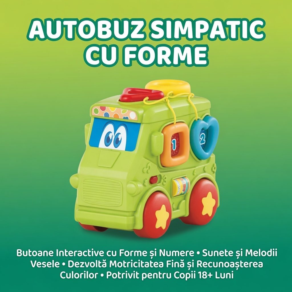 Autobuz Simpatic Cu Forme Pentru Copii Cu Lumini Si Sunete, Jucarie Interactiva Tip Masina Cu Activitati Si Butoane, Autobuz Educativ Cu Forme Geometrice Pentru Dezvoltare Copii 18+ Luni, Verde 2