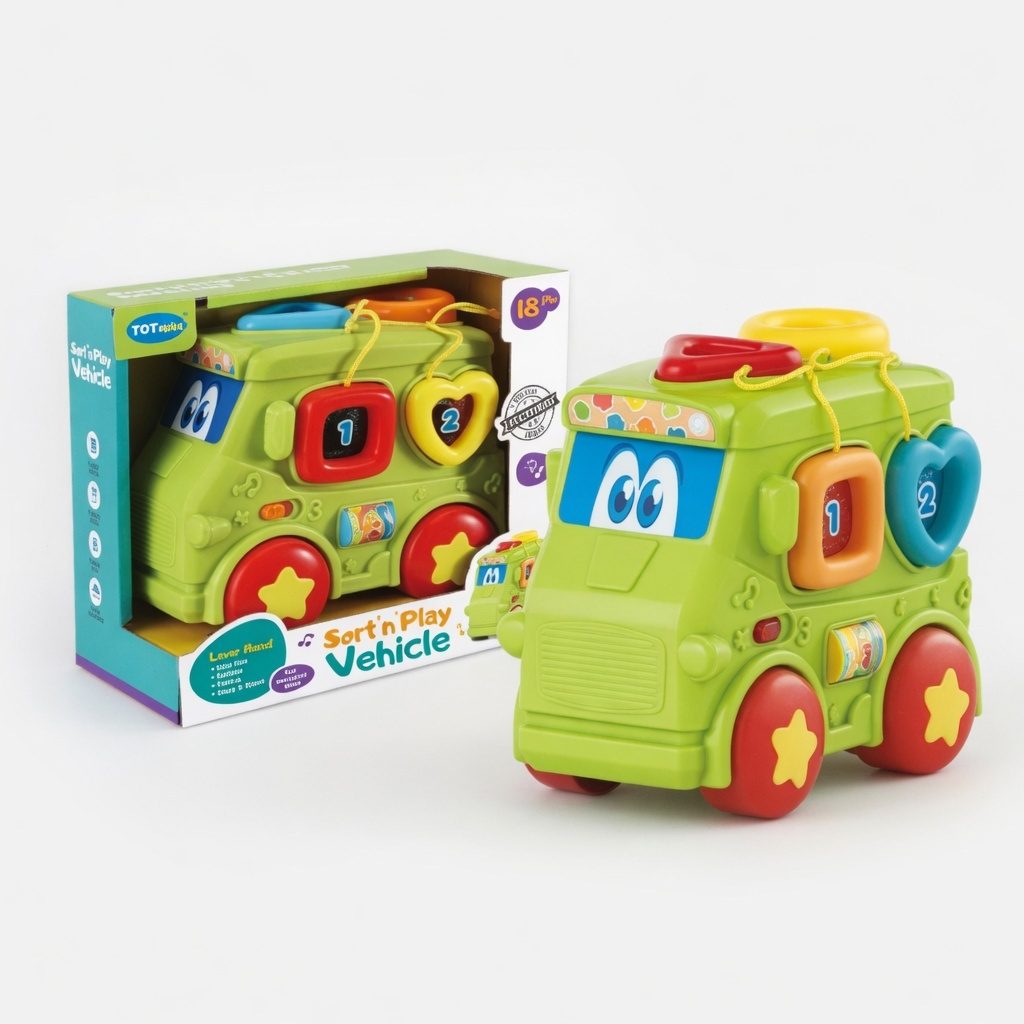 Autobuz Simpatic Cu Forme Pentru Copii Cu Lumini Si Sunete, Jucarie Interactiva Tip Masina Cu Activitati Si Butoane, Autobuz Educativ Cu Forme Geometrice Pentru Dezvoltare Copii 18+ Luni, Verde 4