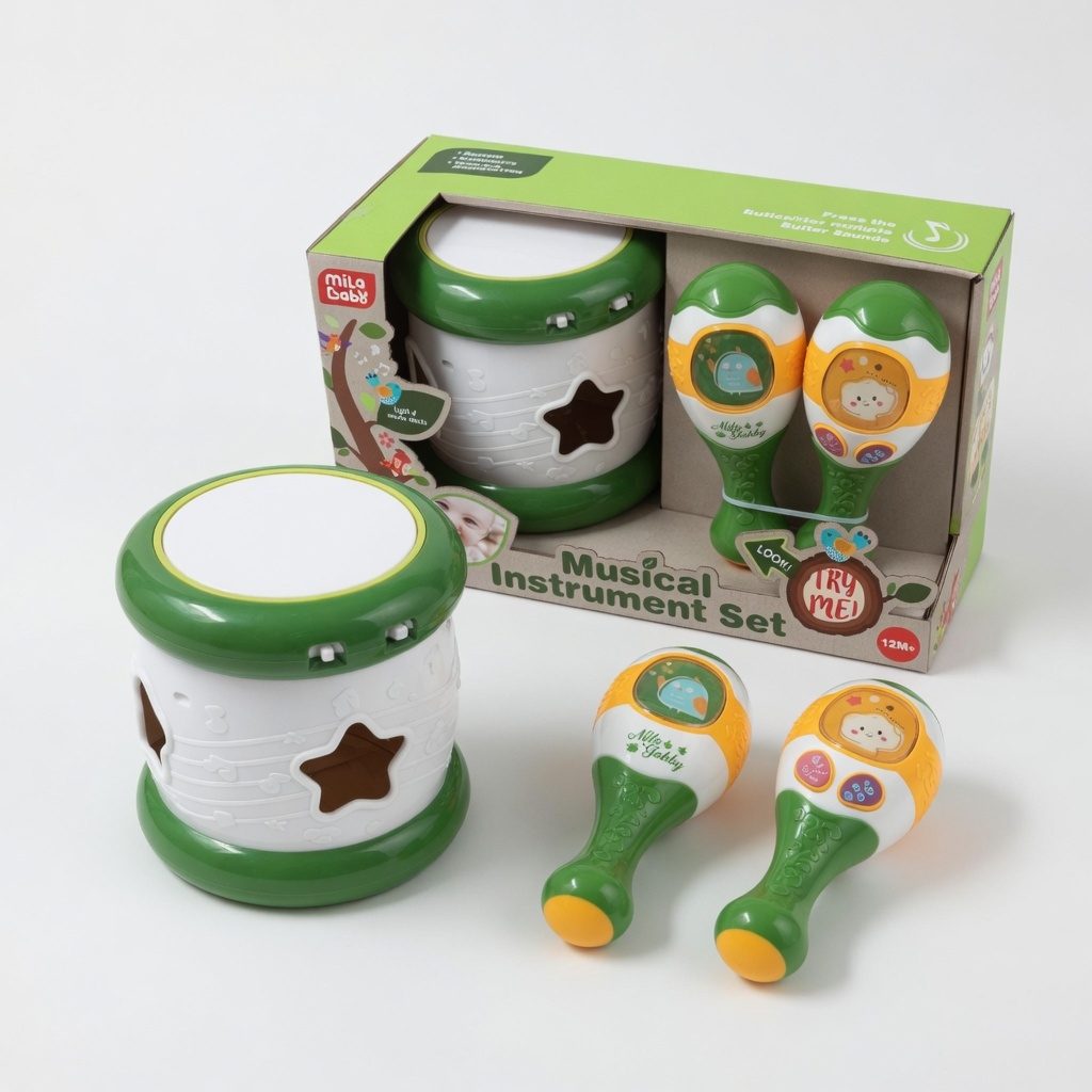 Set Instrumente Muzicale Copii Cu Toba Electrica Si 2 Maracas, Jucarie Muzicala Interactiva Cu Lumini Si Sunete, Set Ritm Si Percutie Pentru Dezvoltare Auditiva Si Motricitate Copii 12+ Luni, Verde 3