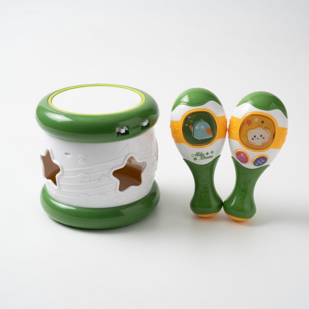 Set Instrumente Muzicale Copii Cu Toba Electrica Si 2 Maracas, Jucarie Muzicala Interactiva Cu Lumini Si Sunete, Set Ritm Si Percutie Pentru Dezvoltare Auditiva Si Motricitate Copii 12+ Luni, Verde 4