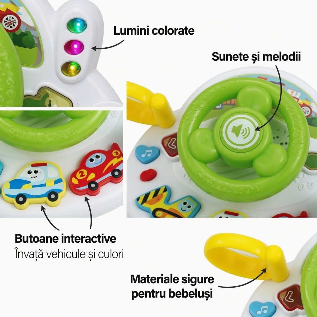 Volan Interactiv Pentru Copii Cu Sunete Si Butoane, Jucarie Baby Drive Cu Lumini Si Activitati, Simulator Conducere Cu Claxon Si Elemente Rotative, Jucarie Educativa Multicolora Tip Volan Auto Copii 18+ Luni 2