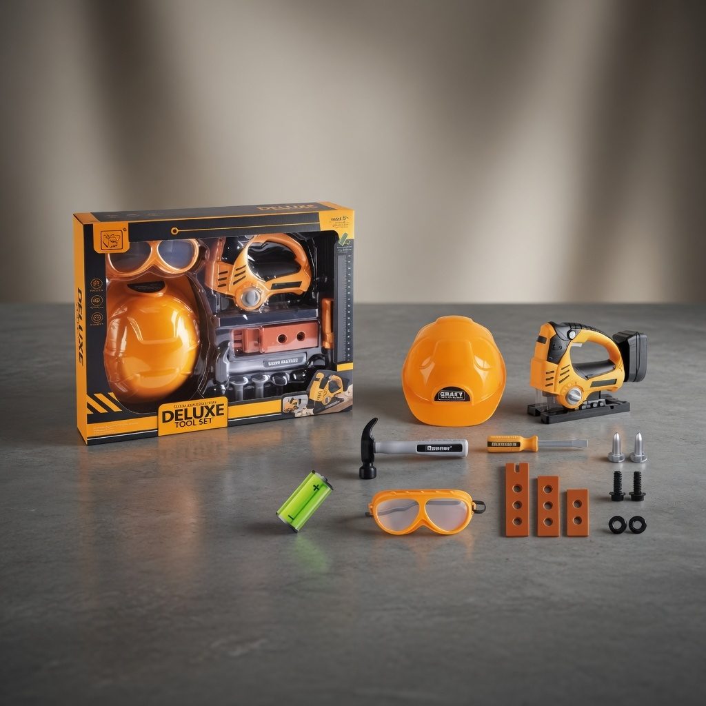 Set Unelte Electrice De Jucarie 14 Piese Cu Fierastrau Electric, Casca Protectie Si Ochelari, Trusa Scule Constructii Cu Accesorii Realiste, Set Interactiv Atelier Reparatii Si Constructii Pentru Copii 3+ Ani, Galben 5