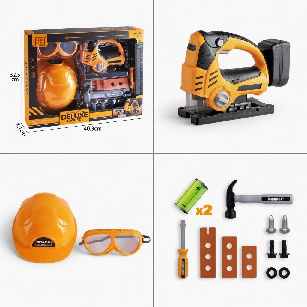 Set Unelte Electrice De Jucarie 14 Piese Cu Fierastrau Electric, Casca Protectie Si Ochelari, Trusa Scule Constructii Cu Accesorii Realiste, Set Interactiv Atelier Reparatii Si Constructii Pentru Copii 3+ Ani, Galben 2