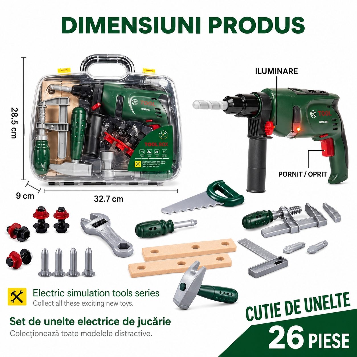 Set Unelte Copii 26 Piese Cu Bormasina Electrica Si Accesorii In Valiza Transparenta, Trusa Scule Interactiva Cu Lumini Si Functie Rotire, Jucarie Educativa Tip Inginer Pentru Constructii Copii 3+ Ani, Verde 4