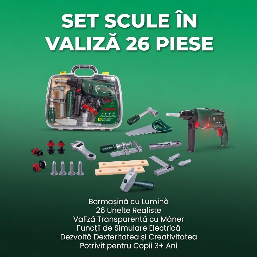 Set Unelte Copii 26 Piese Cu Bormasina Electrica Si Accesorii In Valiza Transparenta, Trusa Scule Interactiva Cu Lumini Si Functie Rotire, Jucarie Educativa Tip Inginer Pentru Constructii Copii 3+ Ani, Verde 2