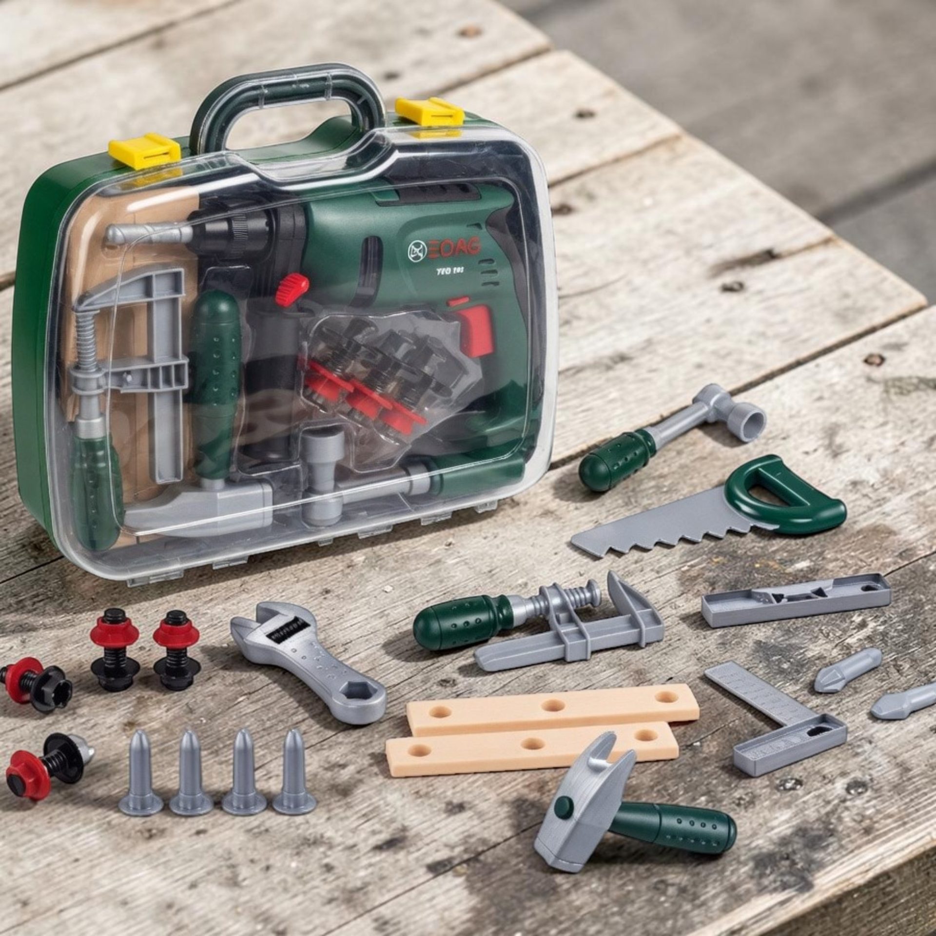 Set Unelte Copii 26 Piese Cu Bormasina Electrica Si Accesorii In Valiza Transparenta, Trusa Scule Interactiva Cu Lumini Si Functie Rotire, Jucarie Educativa Tip Inginer Pentru Constructii Copii 3+ Ani, Verde 3