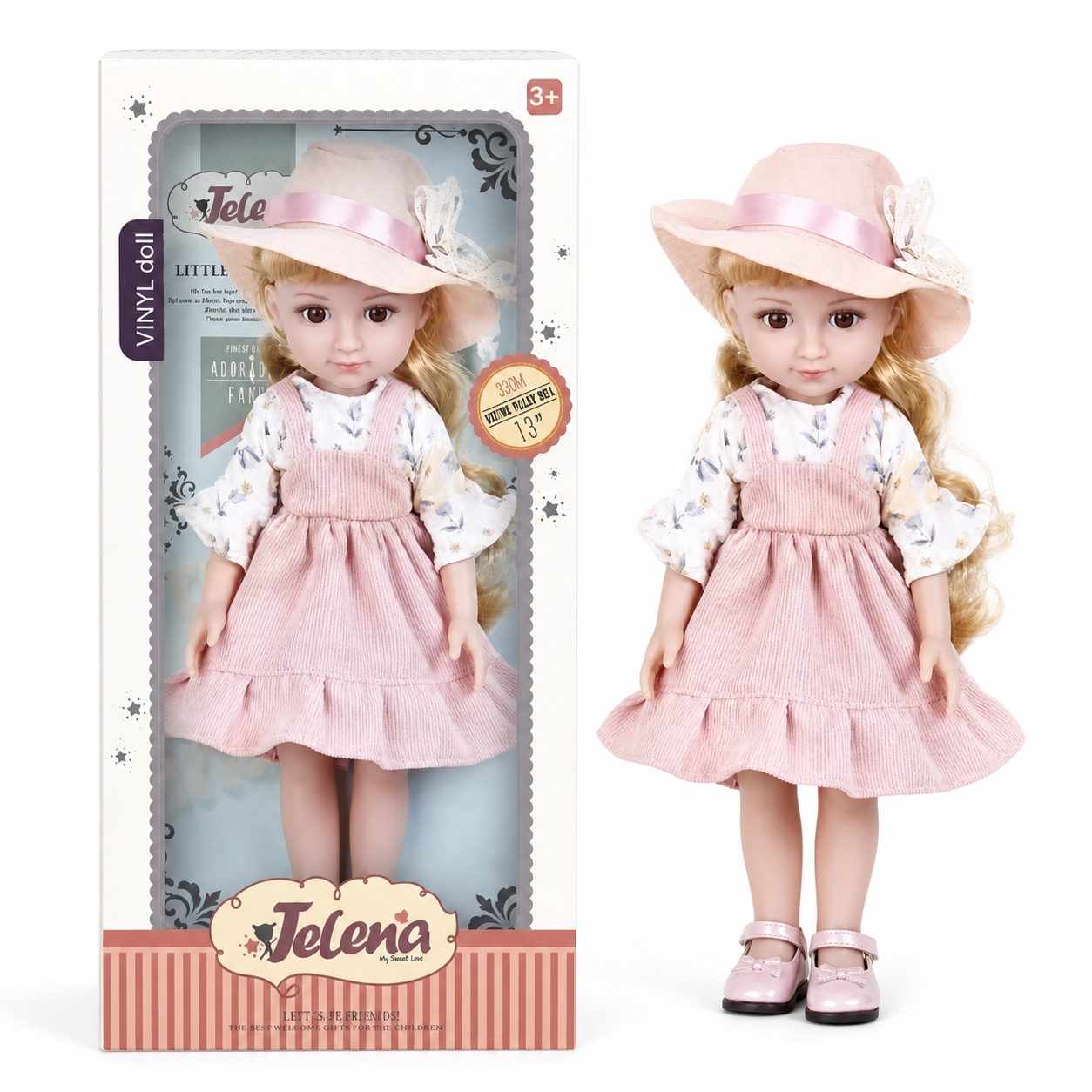 Papusa Jelenia 33 cm pentru Copii, Papusa Eleganta cu Rochita si Palarie, Jucarie pentru Fetite cu Par Lung si Design Realist, Papusa Fashion pentru Joaca, Colectie si Cadou Copii 3+ Ani, Roz 2