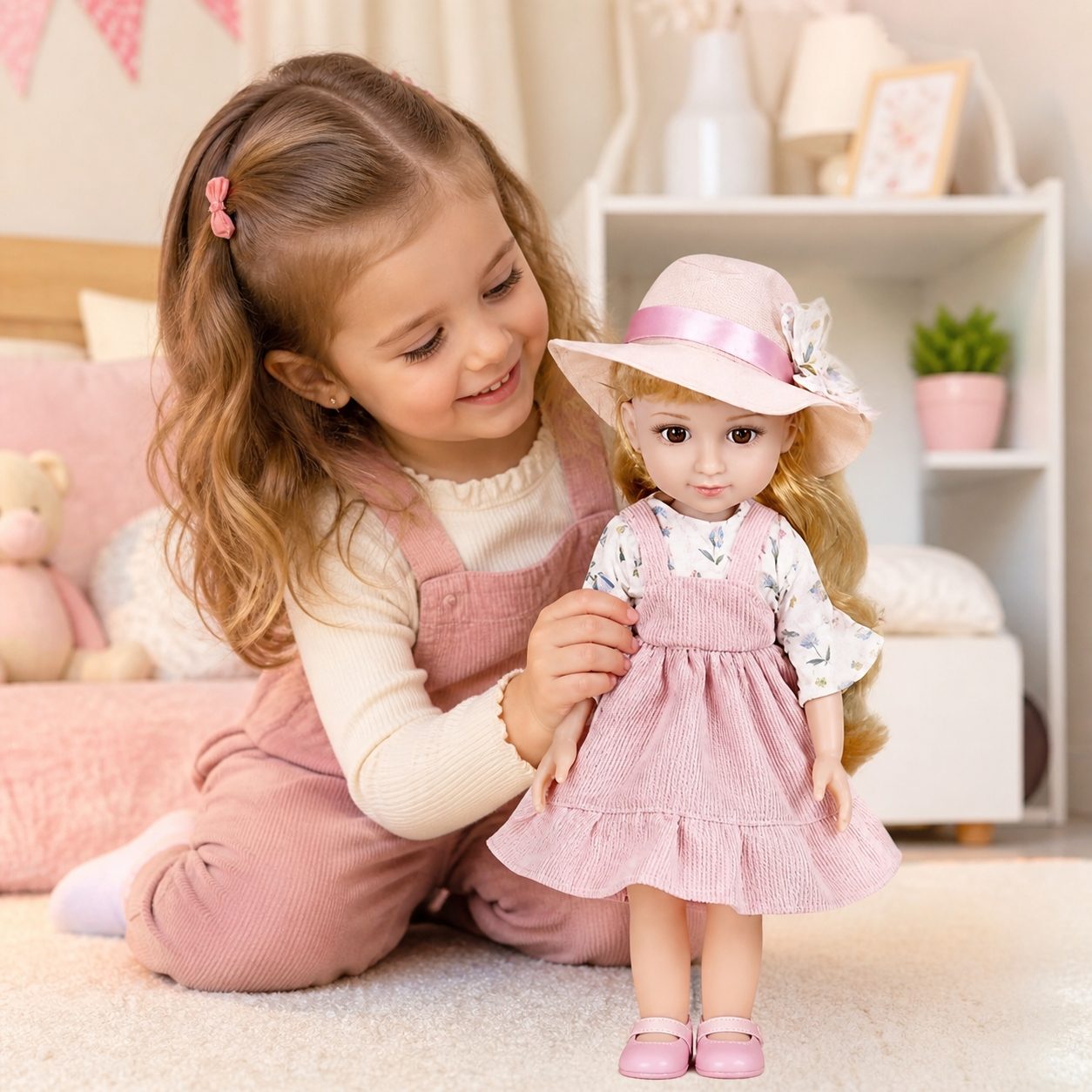 Papusa Jelenia 33 cm pentru Copii, Papusa Eleganta cu Rochita si Palarie, Jucarie pentru Fetite cu Par Lung si Design Realist, Papusa Fashion pentru Joaca, Colectie si Cadou Copii 3+ Ani, Roz 4