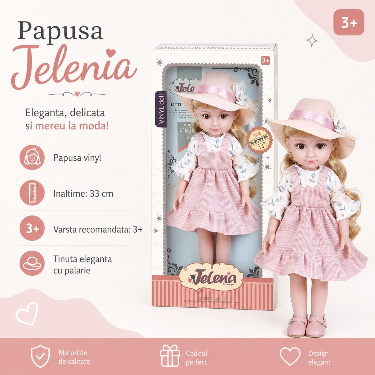 Papusa Jelenia 33 cm pentru Copii, Papusa Eleganta cu Rochita si Palarie, Jucarie pentru Fetite cu Par Lung si Design Realist, Papusa Fashion pentru Joaca, Colectie si Cadou Copii 3+ Ani, Roz 3