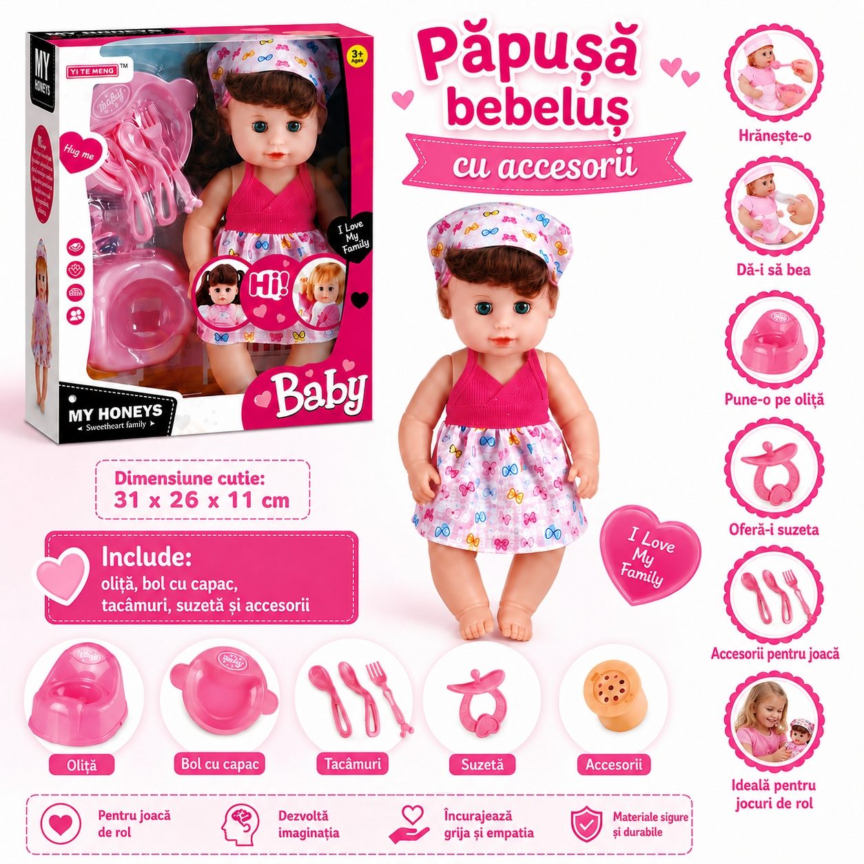 Papusa Bebelus Interactiva 31 cm pentru Copii, Set Baby Doll cu Accesorii de Hranire si Ingrijire, Jucarie pentru Fetite cu Sunete si Functii Interactive, Papusa Bebe pentru Joaca si Cadou Copii 3+ Ani, Multicolor 3