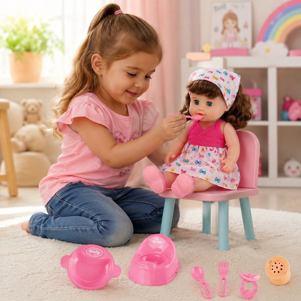 Papusa Bebelus Interactiva 31 cm pentru Copii, Set Baby Doll cu Accesorii de Hranire si Ingrijire, Jucarie pentru Fetite cu Sunete si Functii Interactive, Papusa Bebe pentru Joaca si Cadou Copii 3+ Ani, Multicolor 4