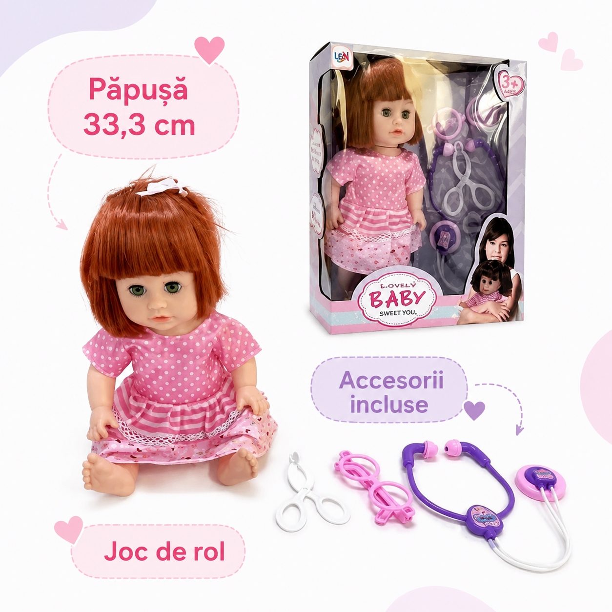 Papusa Bebelus 33 cm pentru Copii cu Accesorii Medicale, Baby Doll Interactiva cu Stetoscop si Ochelari de Doctor, Jucarie pentru Fetite si Jocuri de Rol, Papusa Realista pentru Joaca si Cadou 3+ Ani, Multicolor 2