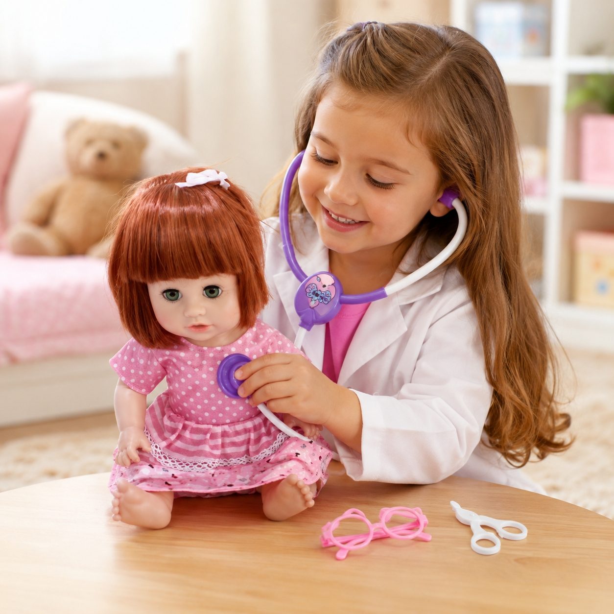 Papusa Bebelus 33 cm pentru Copii cu Accesorii Medicale, Baby Doll Interactiva cu Stetoscop si Ochelari de Doctor, Jucarie pentru Fetite si Jocuri de Rol, Papusa Realista pentru Joaca si Cadou 3+ Ani, Multicolor 5