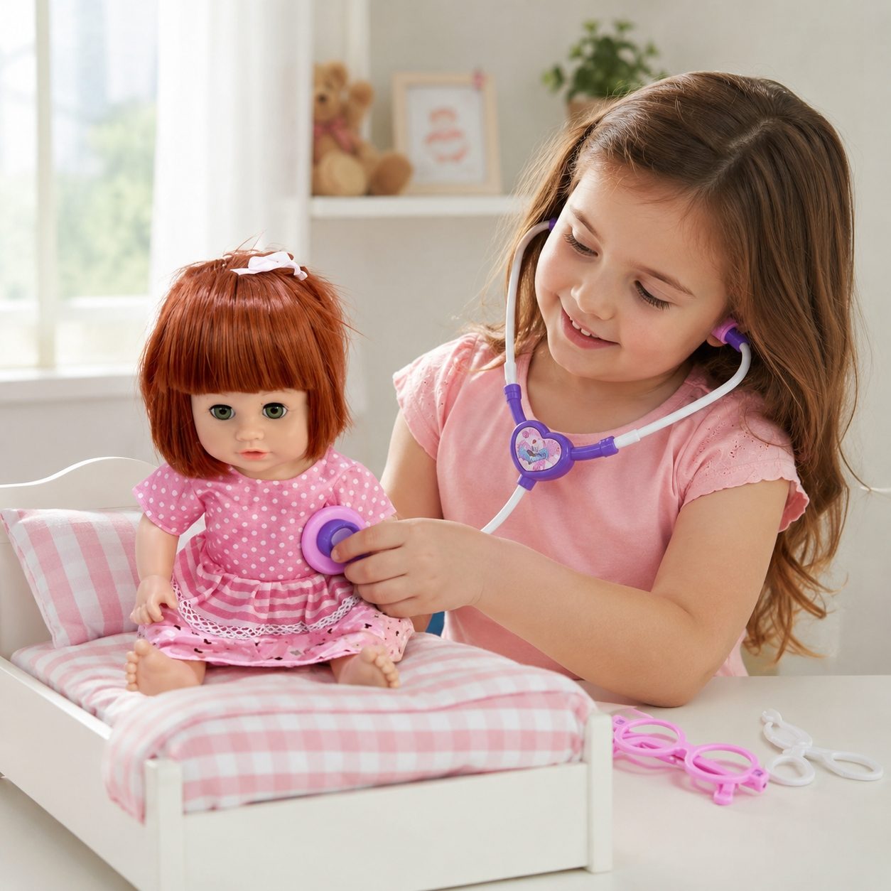 Papusa Bebelus 33 cm pentru Copii cu Accesorii Medicale, Baby Doll Interactiva cu Stetoscop si Ochelari de Doctor, Jucarie pentru Fetite si Jocuri de Rol, Papusa Realista pentru Joaca si Cadou 3+ Ani, Multicolor 3