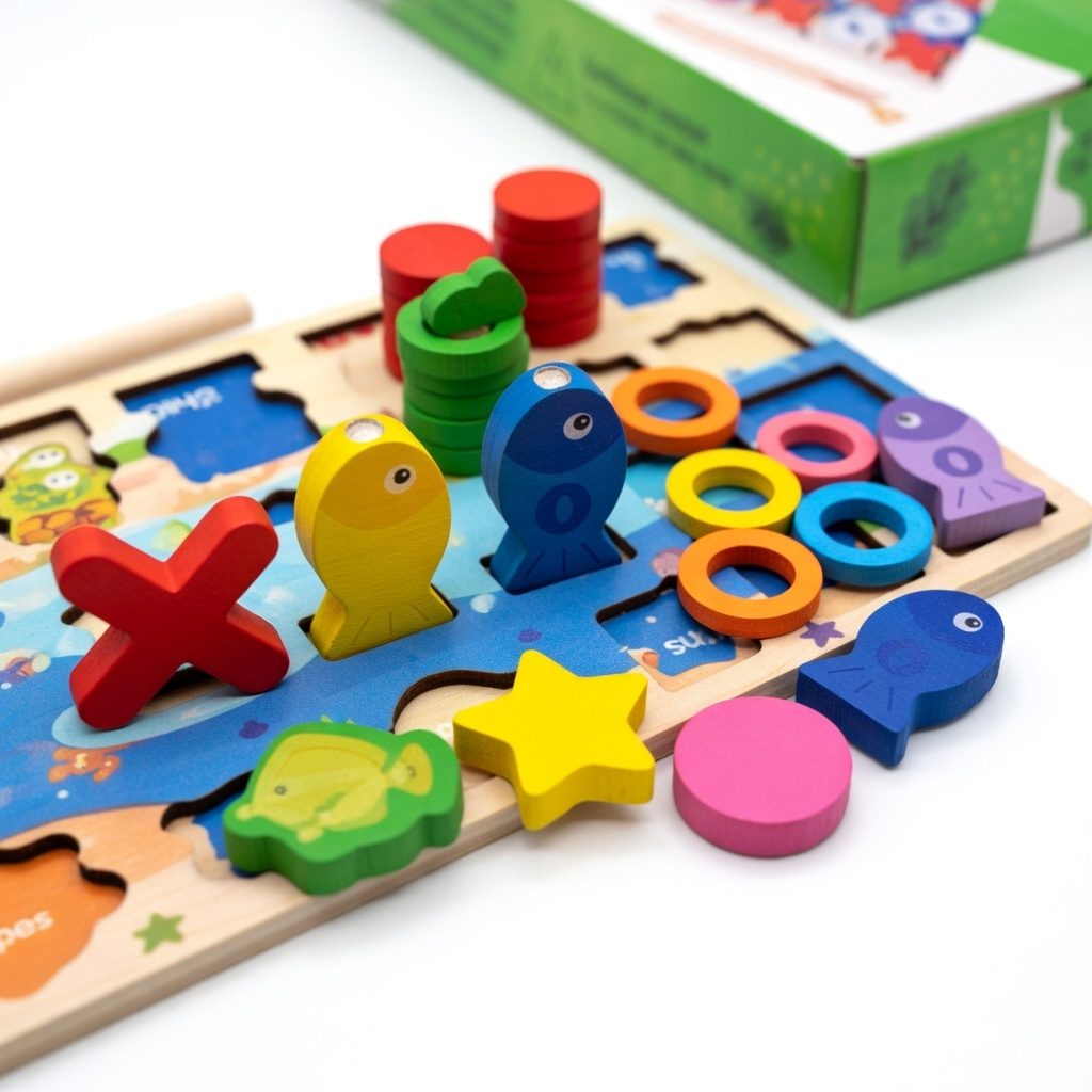 Joc Educativ 4 in 1, Sortator de Forme Geometrice, Joc de Pescuit Magnetic, Puzzle si Activitati Montessori, Jucarie Educationala pentru Copii de la 3 Ani 5