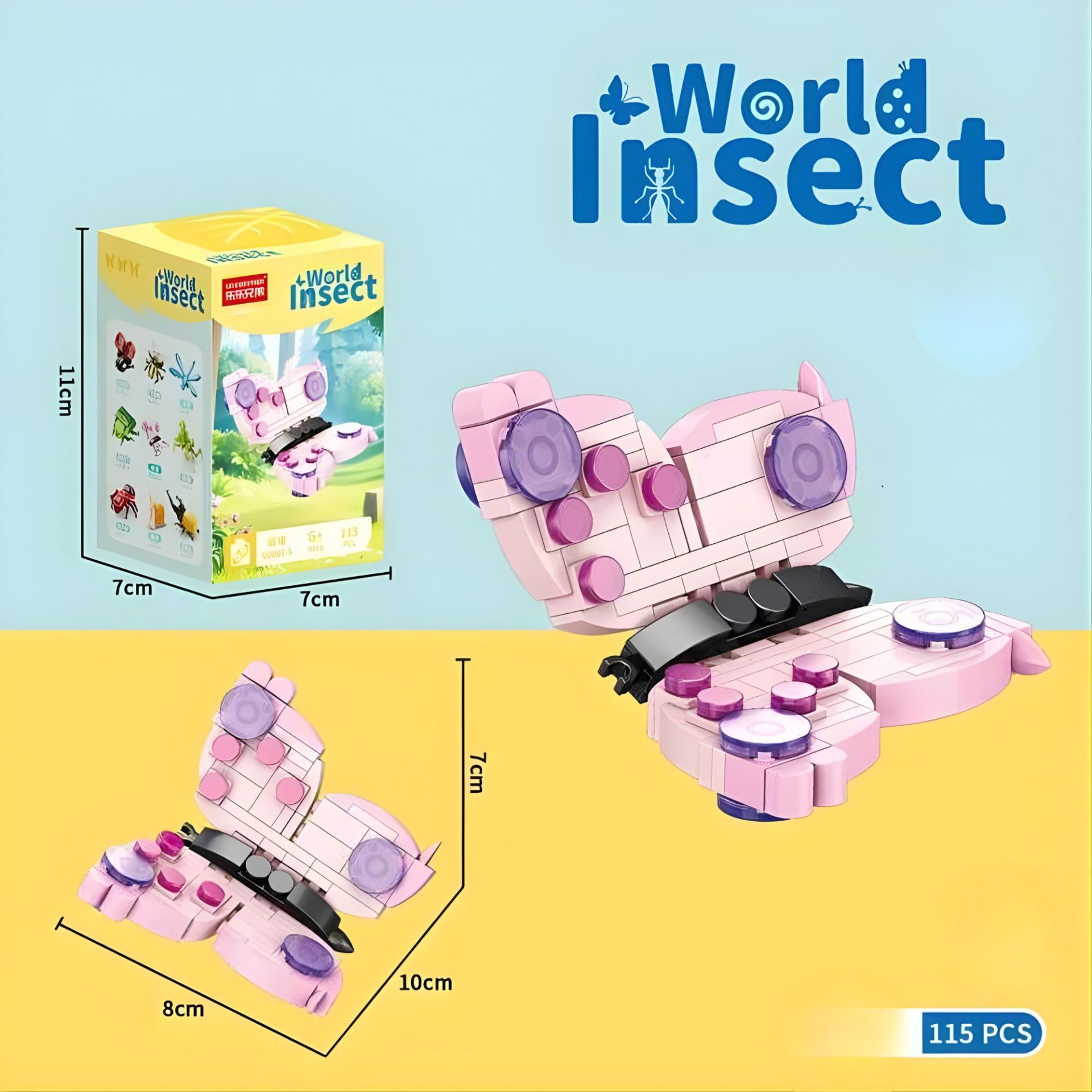 Set de Constructie, , Model Fluture, Lumea Insectelor Mini, 115 Piese, Model 3D, Jucarie Educativa STEM, +6 Ani, Plastic ABS, 11 x 7 x 7 cm, Roz 2