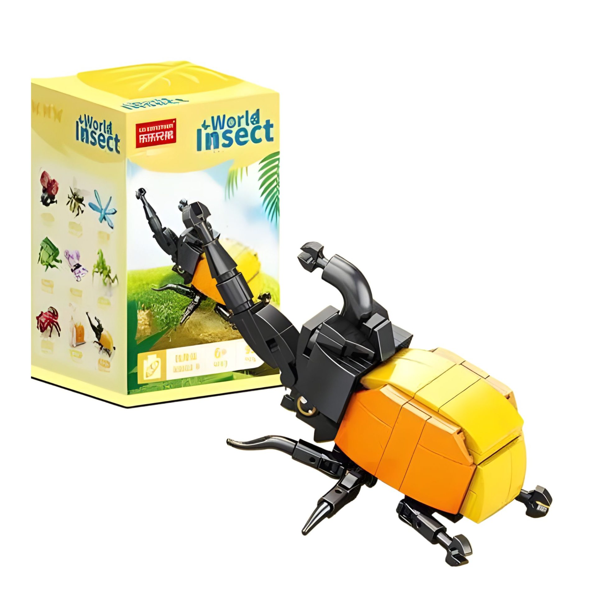 Set de Constructie, , Model Gandacul Rinocer, Lumea Insectelor Mini, 98 Piese, Model 3D, Jucarie Educativa STEM, +6 Ani, Plastic ABS, 11 x 7 x 7 cm, Negru/Portocaliu