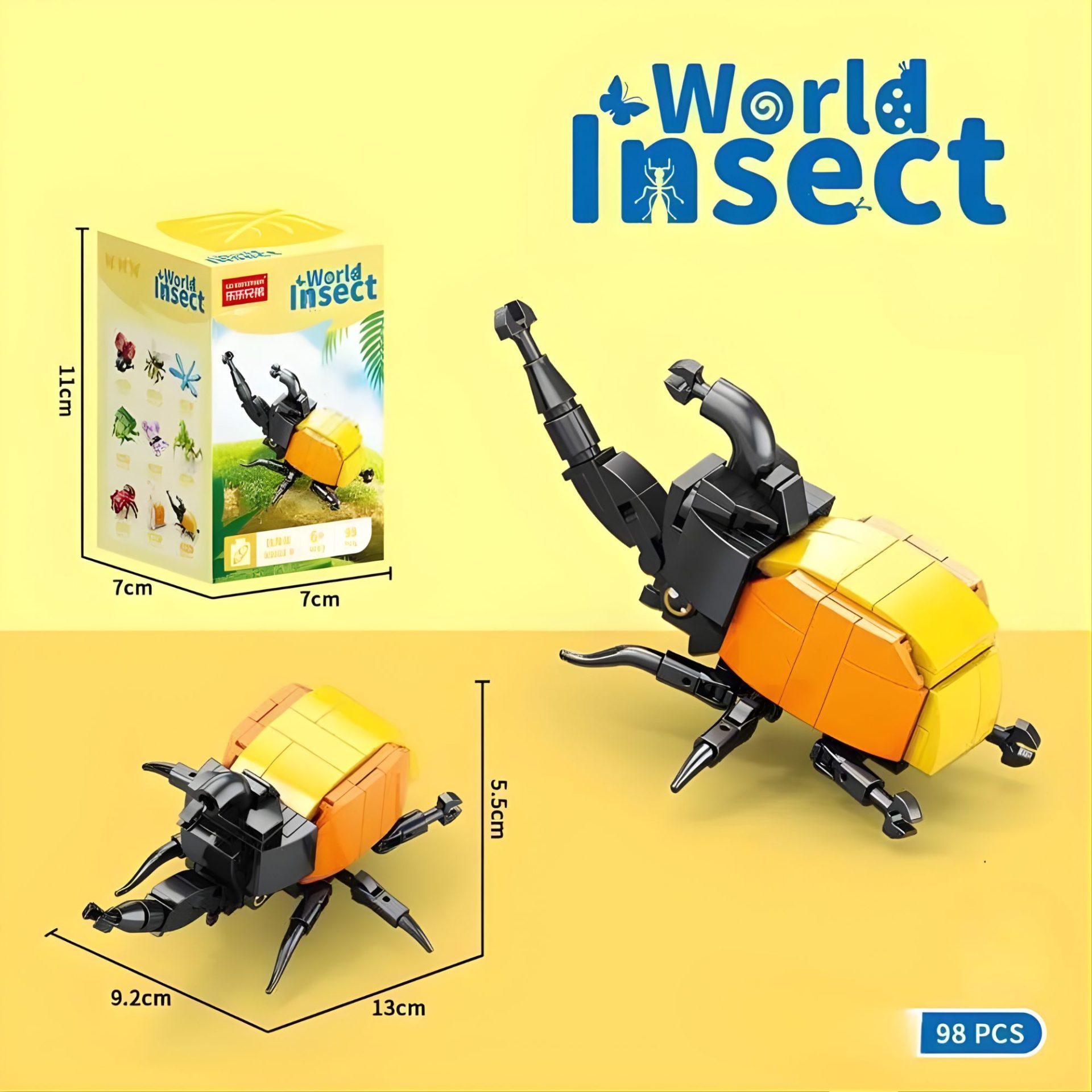 Set de Constructie, , Model Gandacul Rinocer, Lumea Insectelor Mini, 98 Piese, Model 3D, Jucarie Educativa STEM, +6 Ani, Plastic ABS, 11 x 7 x 7 cm, Negru/Portocaliu 2