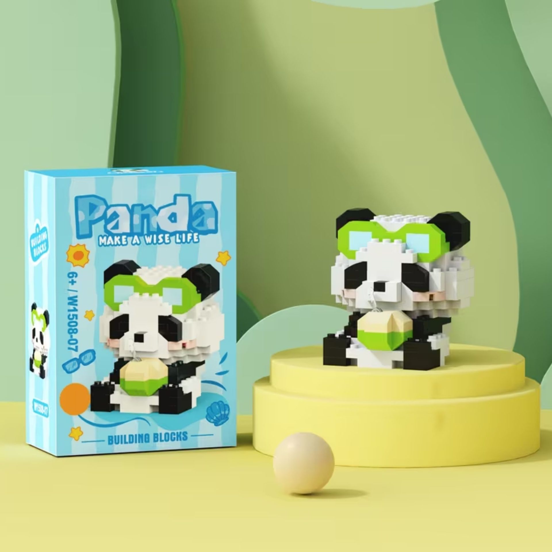 Set de Constructie, , Model Panda cu Suc de Cocos, 168 Piese, Model 3D, Jucarie Educativa STEM, +6 Ani, Plastic ABS, 7.8 x 4.1 x 11.3 cm, Albastru Deschis 5