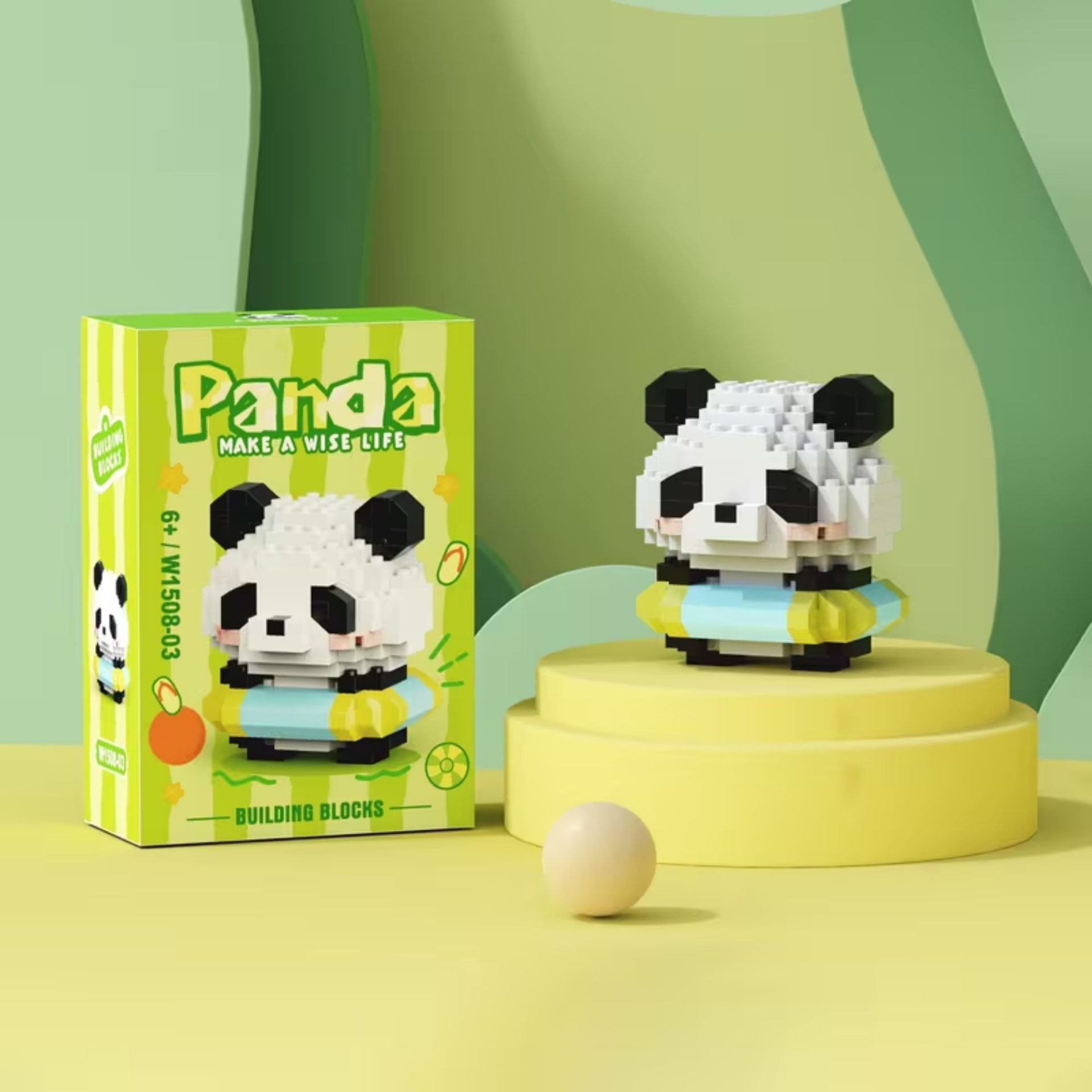 Set de Constructie, , Model Panda cu Cerc de Inot, 180 Piese, Model 3D, Jucarie Educativa STEM, +6 Ani, Plastic ABS, 7.8 x 4.1 x 11.3 cm, Verde Deschis 5