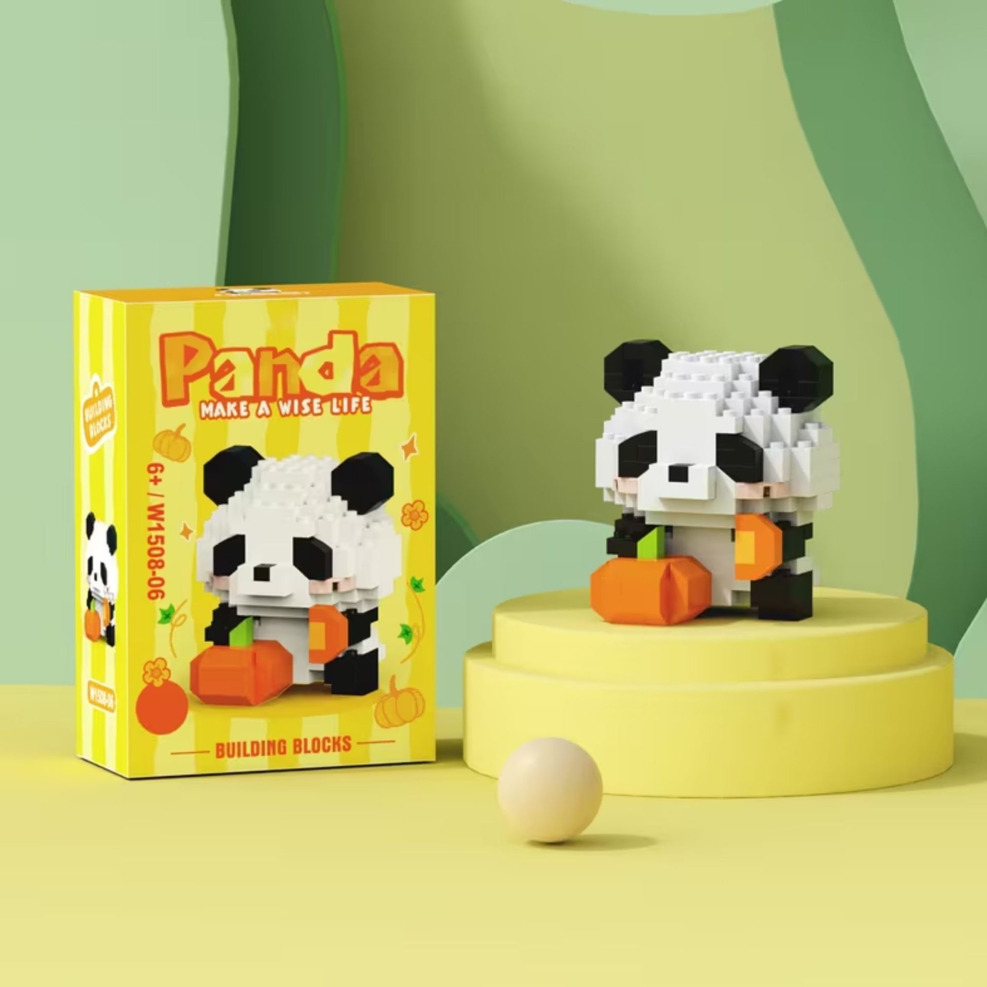 Set de Constructie, , Model Panda cu Dovleac, 171 Piese, Model 3D, Jucarie Educativa STEM, +6 Ani, Plastic ABS, 7.8 x 4.1 x 11.3 cm, Galben 5