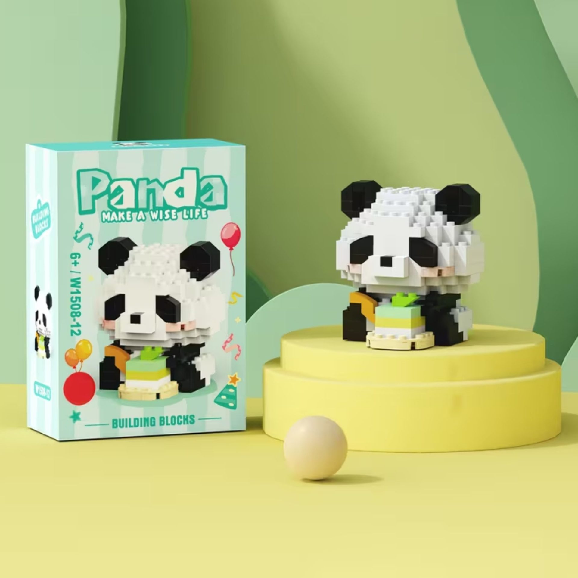 Set de Constructie, , Model Panda cu Tort, 159 Piese, Model 3D, Jucarie Educativa STEM, +6 Ani, Plastic ABS, 7.8 x 4.1 x 11.3 cm, Albastru Pastel 2
