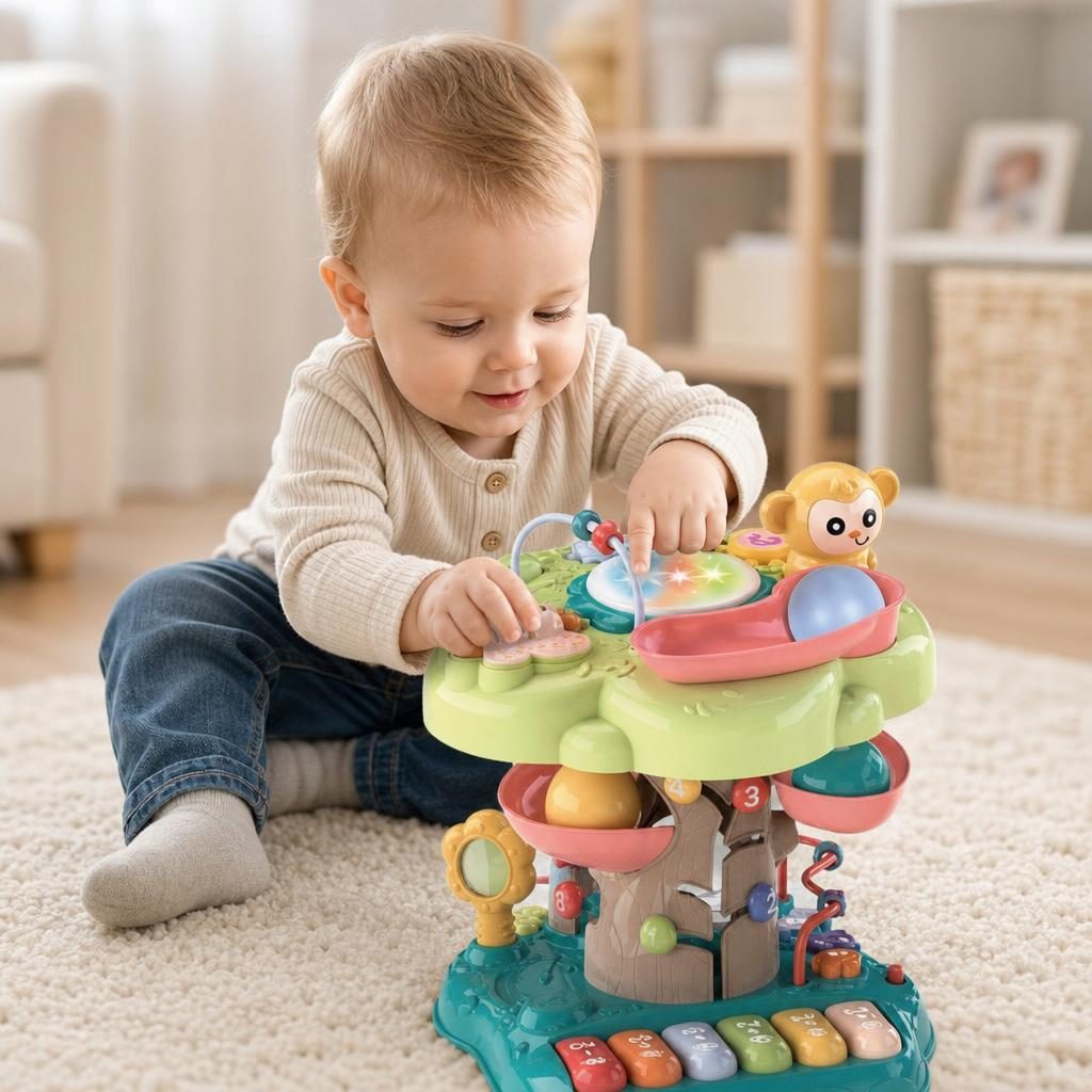 Centru De Activitati Interactiv Pentru Copii Cu Pian Si Jocuri Educative, Jucarie Multifunctionala Cu Butoane, Bile, Labirint Si Roti, Masa Activitati Cu Sunete Si Lumini, Jucarie Dezvoltare Multicolora Copii 18+ Luni